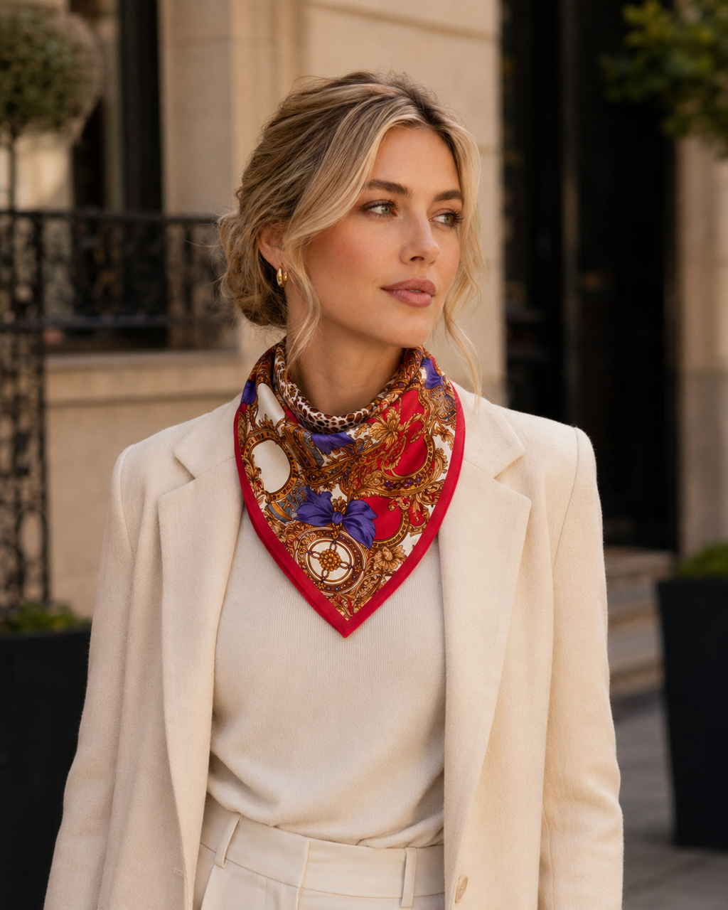 CELINE Paris Baroque Floral Silk-Cotton Scarf – Red, Blue & Gold