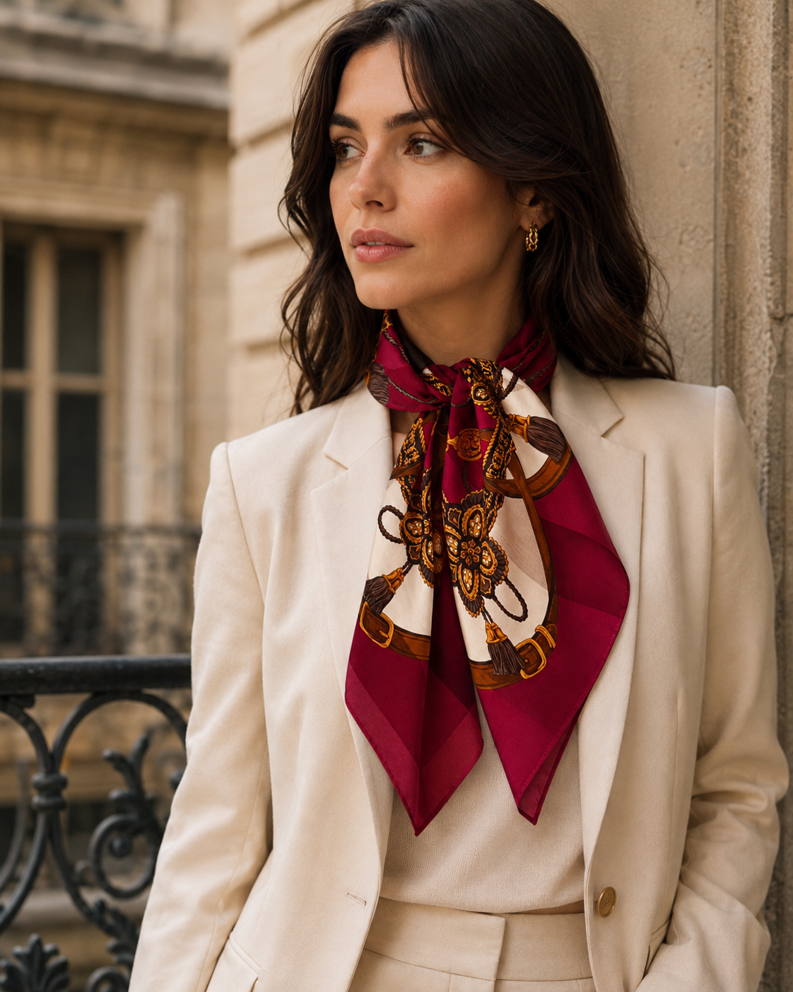 CELINE Burgundy Equestrian Print Silk-Cotton Scarf / Handkerchief