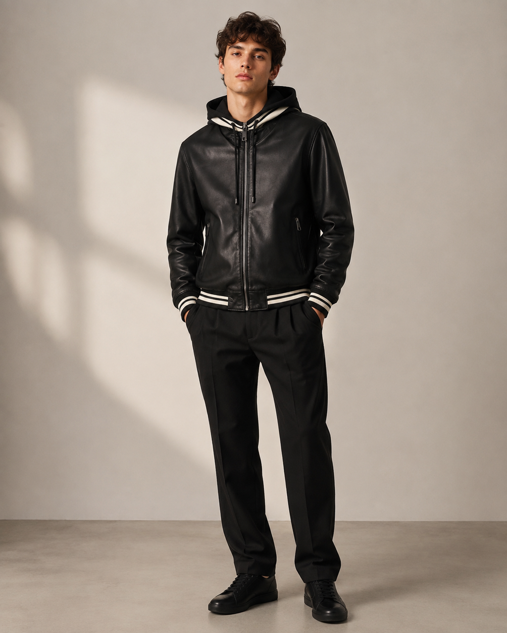 Dolce & Gabbana Black Lambskin Leather Hooded Bomber Jacket Men's IT 44