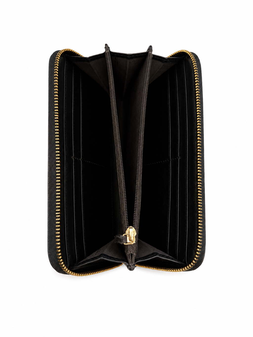 black Fendi zip-around continental wallet featuring a gold-toned metal logo plaque on the exterior