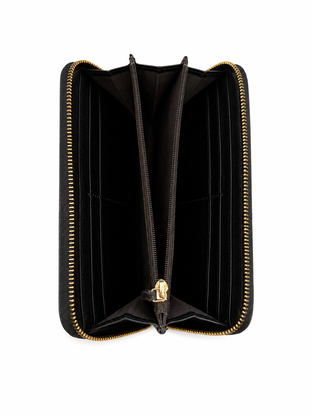 black Fendi zip-around continental wallet featuring a gold-toned metal logo plaque on the exterior