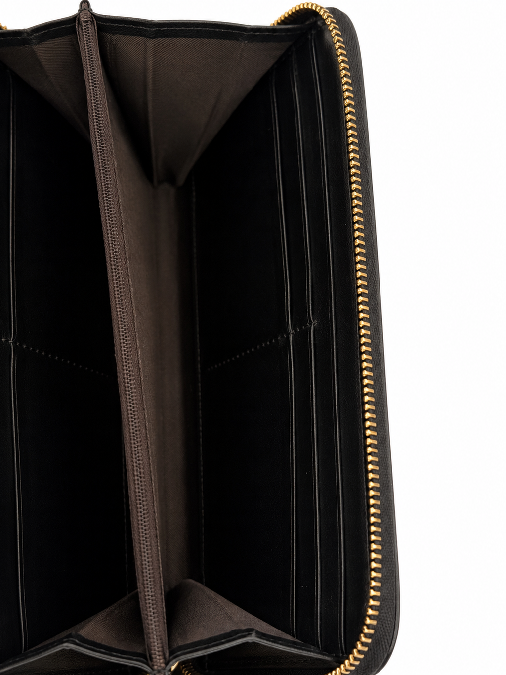 black Fendi zip-around continental wallet featuring a gold-toned metal logo plaque on the exterior