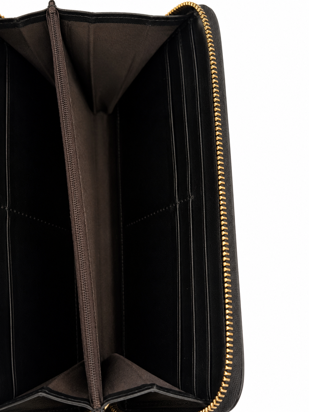 black Fendi zip-around continental wallet featuring a gold-toned metal logo plaque on the exterior