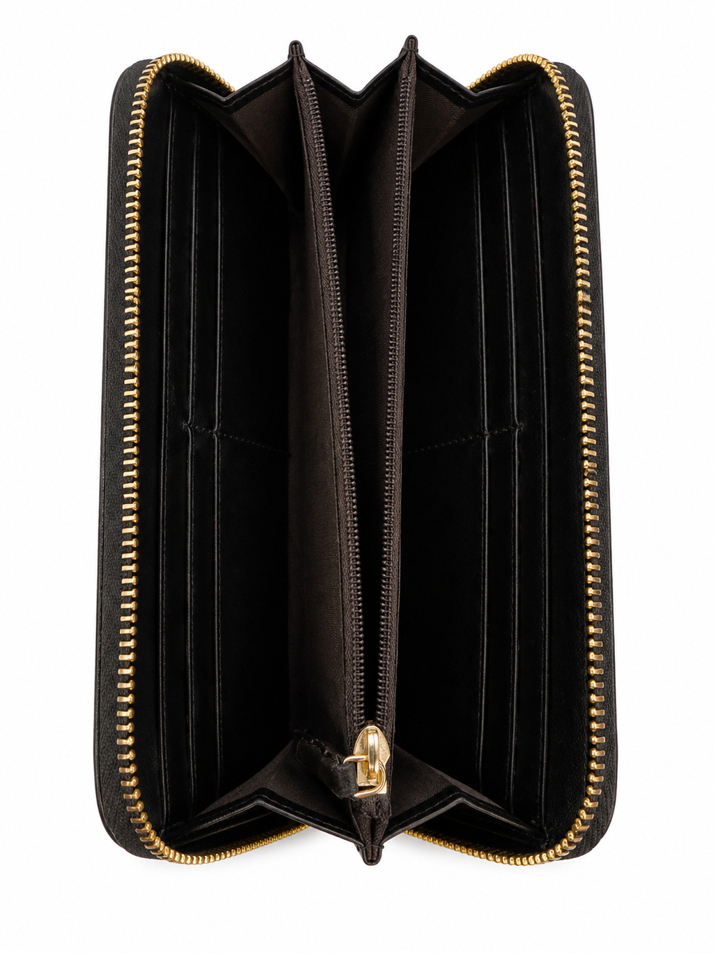 black Fendi zip-around continental wallet featuring a gold-toned metal logo plaque on the exterior