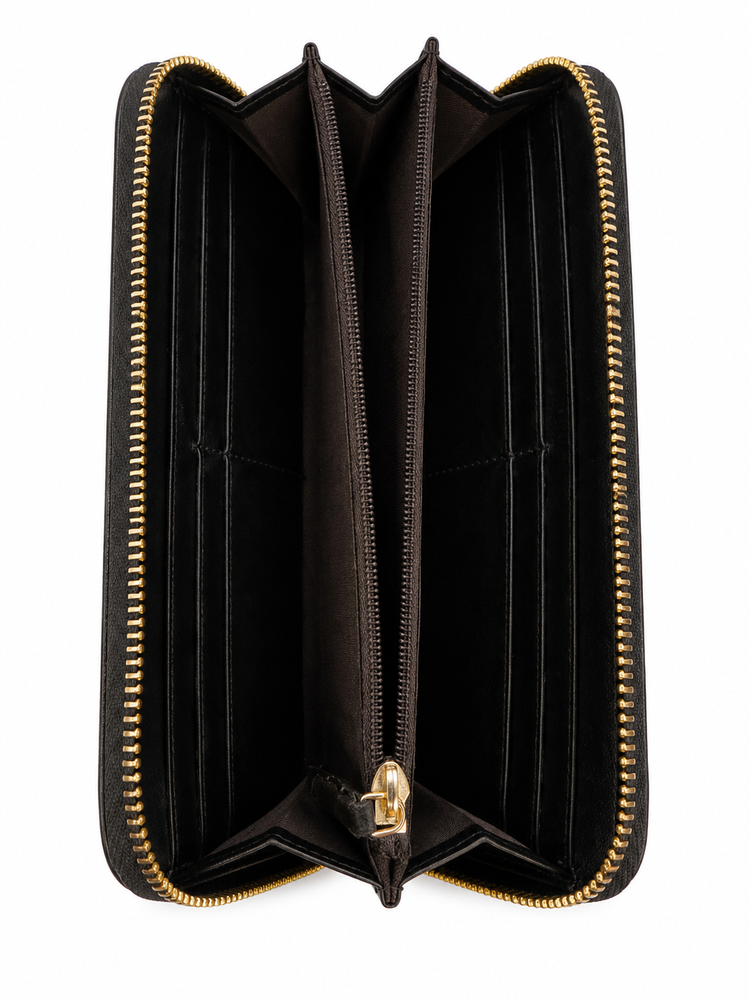 black Fendi zip-around continental wallet featuring a gold-toned metal logo plaque on the exterior