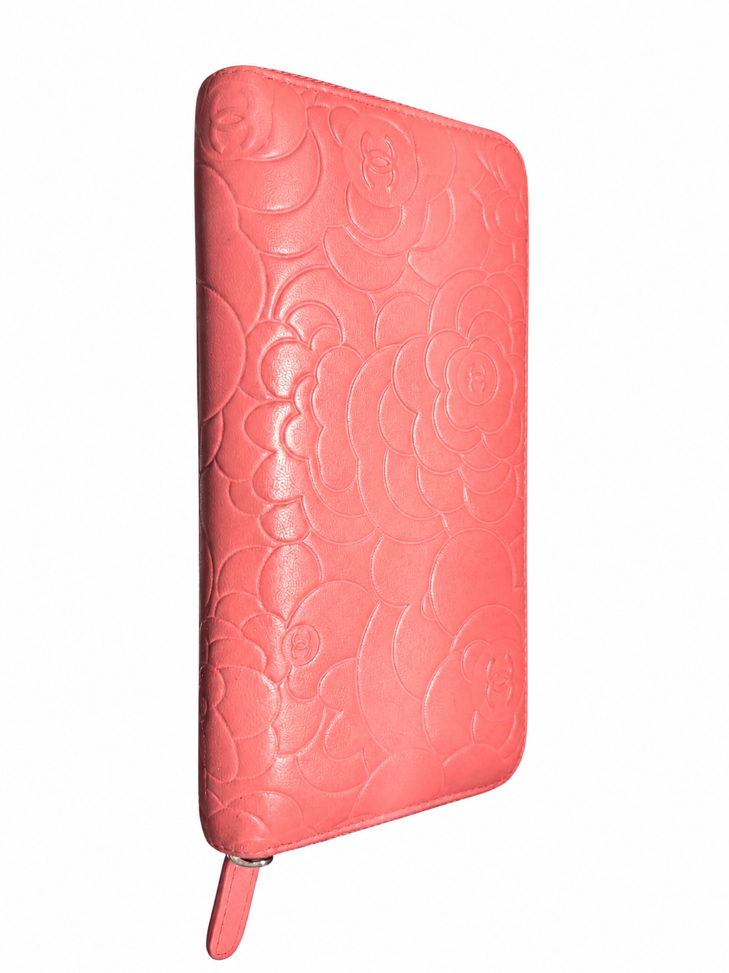Chanel Pink Camellia Embossed Zip Around Wallet.
