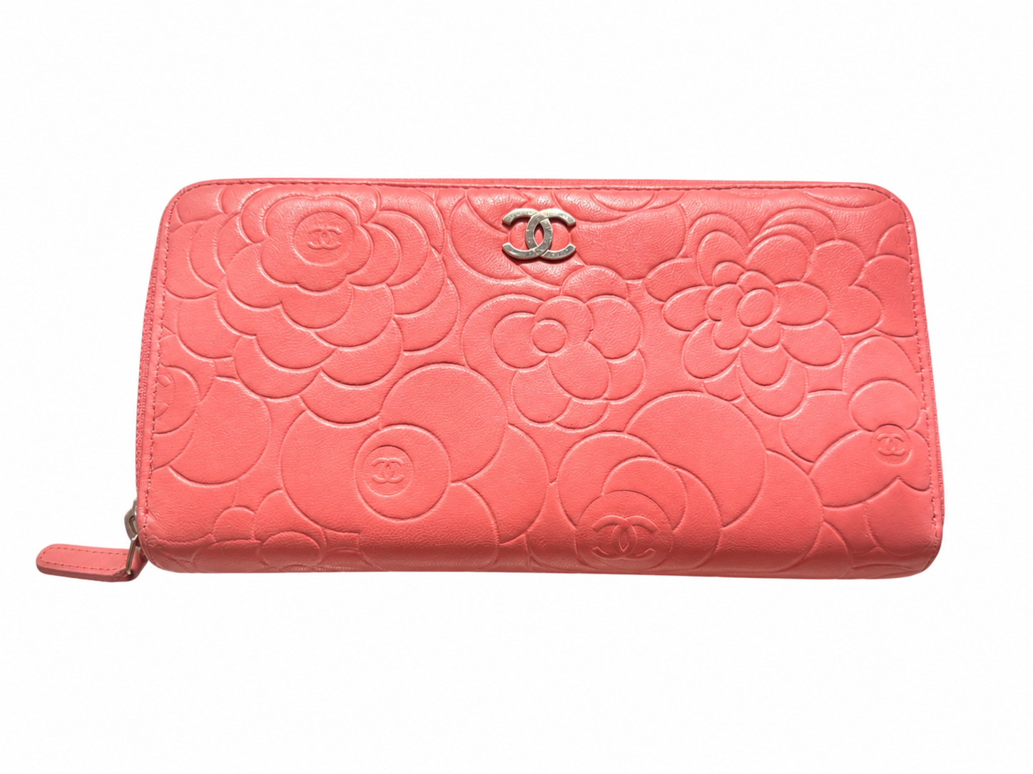 Chanel Pink Camellia Embossed Zip Around Wallet.