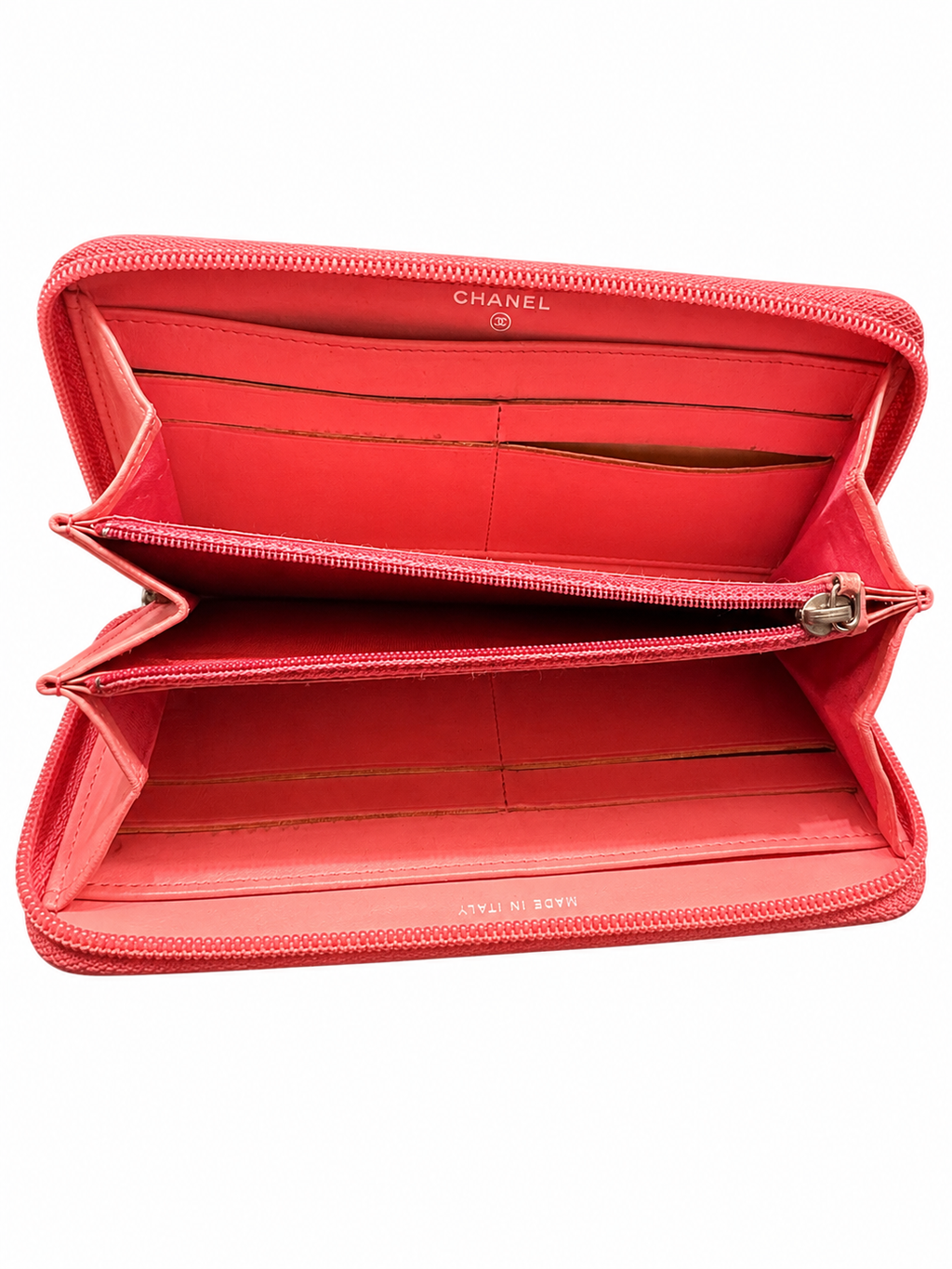 Chanel Pink Camellia Embossed Zip Around Wallet.