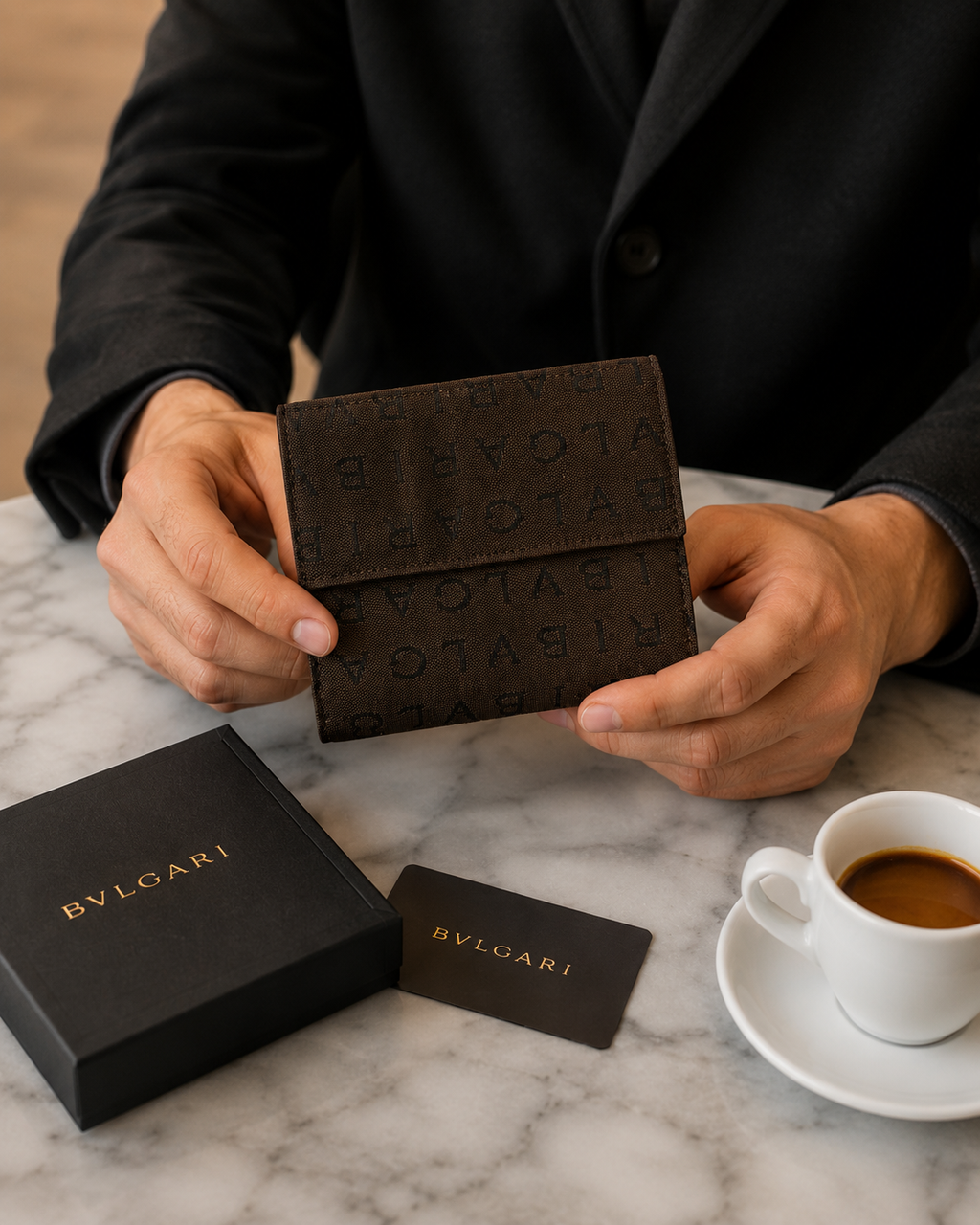 Bvlgari compact wallet featuring the signature Logo Mania monogram fabric in dark brown with matching textured leather trim.
