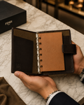 vintage Fendi agenda cover featuring the iconic brown and black Zucca FF monogram canvas with dark brown leather trim.