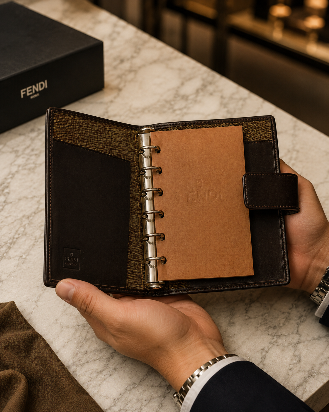 vintage Fendi agenda cover featuring the iconic brown and black Zucca FF monogram canvas with dark brown leather trim.