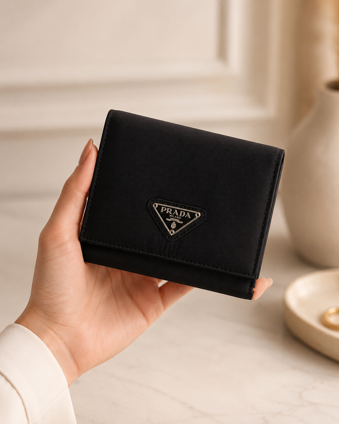 Classic Prada compact wallet crafted from durable black Tessuto nylon and finished with the iconic silver-tone triangular Prada Milano logo plaque.