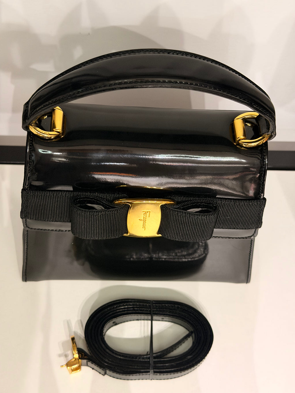 Salvatore Ferragamo Vara Bow Patent Leather Mini Bag – Black