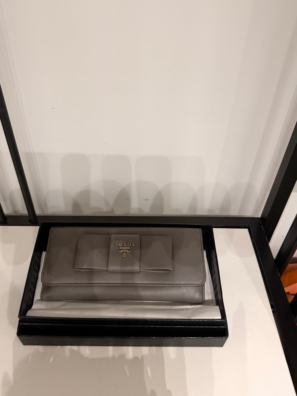 Authentic Prada Grey Saffiano Leather Bow Continental Long Wallet with Box