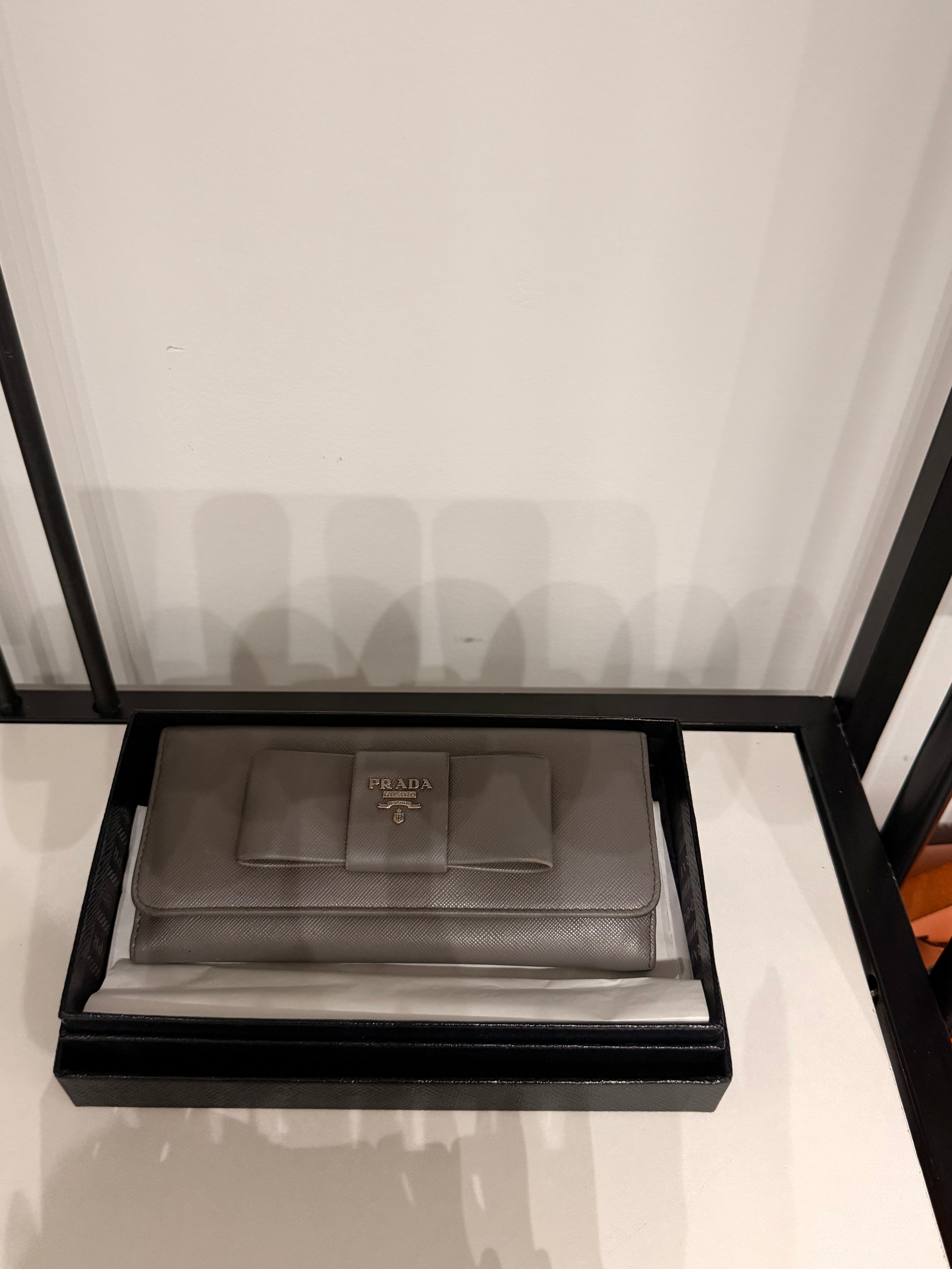 Authentic Prada Grey Saffiano Leather Bow Continental Long Wallet with Box