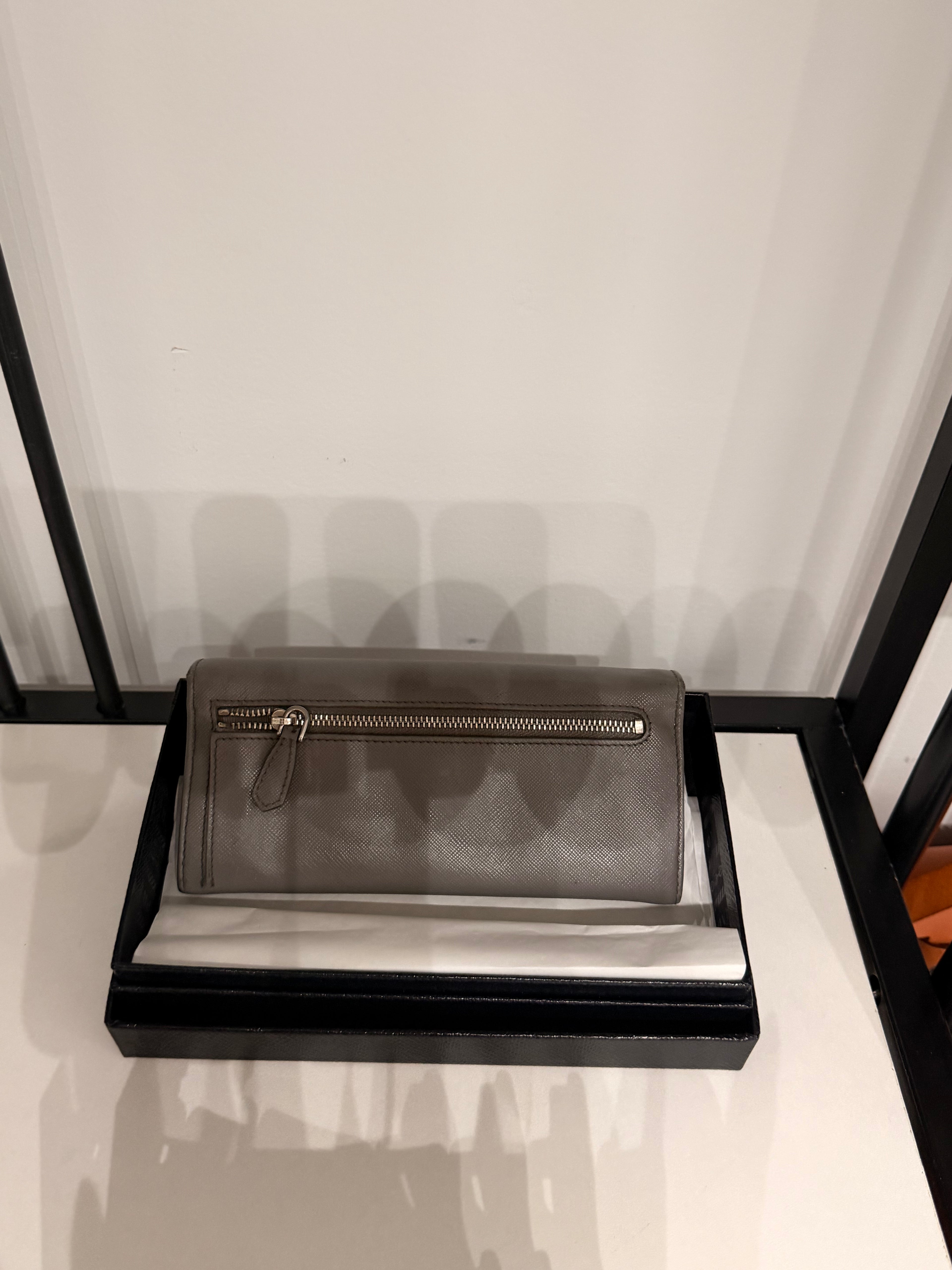 Authentic Prada Grey Saffiano Leather Bow Continental Long Wallet with Box