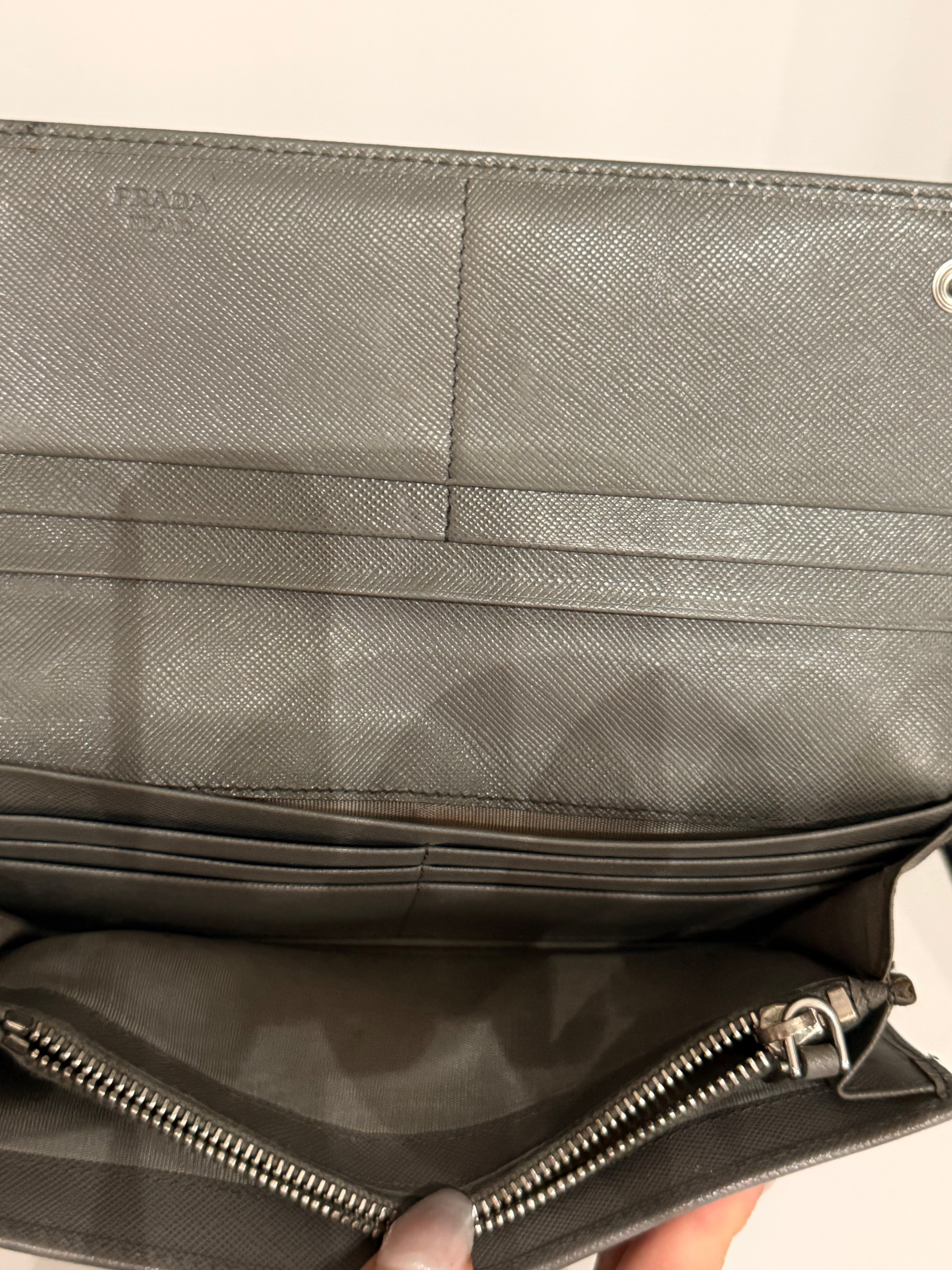 Authentic Prada Grey Saffiano Leather Bow Continental Long Wallet with Box