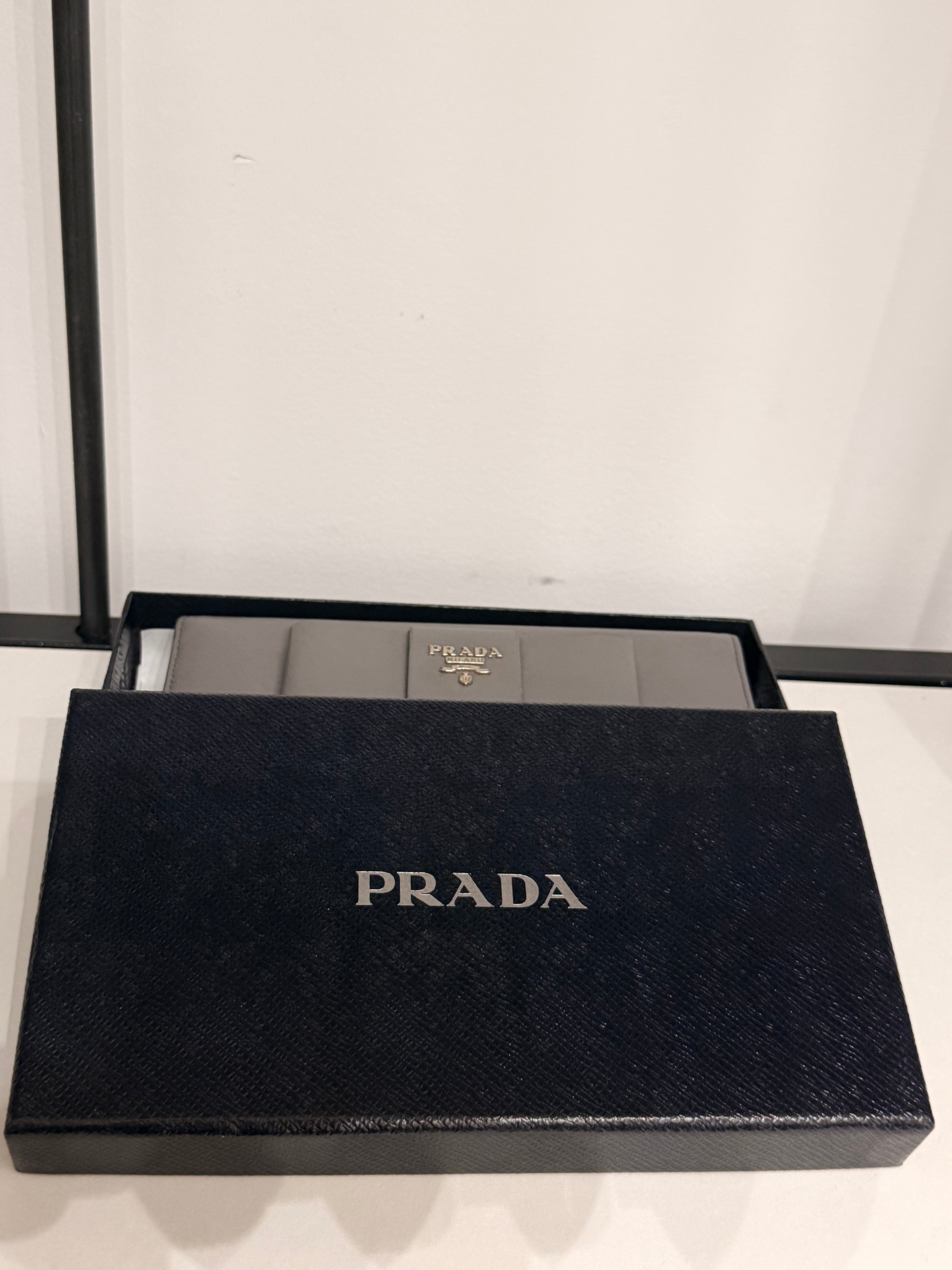 Authentic Prada Grey Saffiano Leather Bow Continental Long Wallet with Box