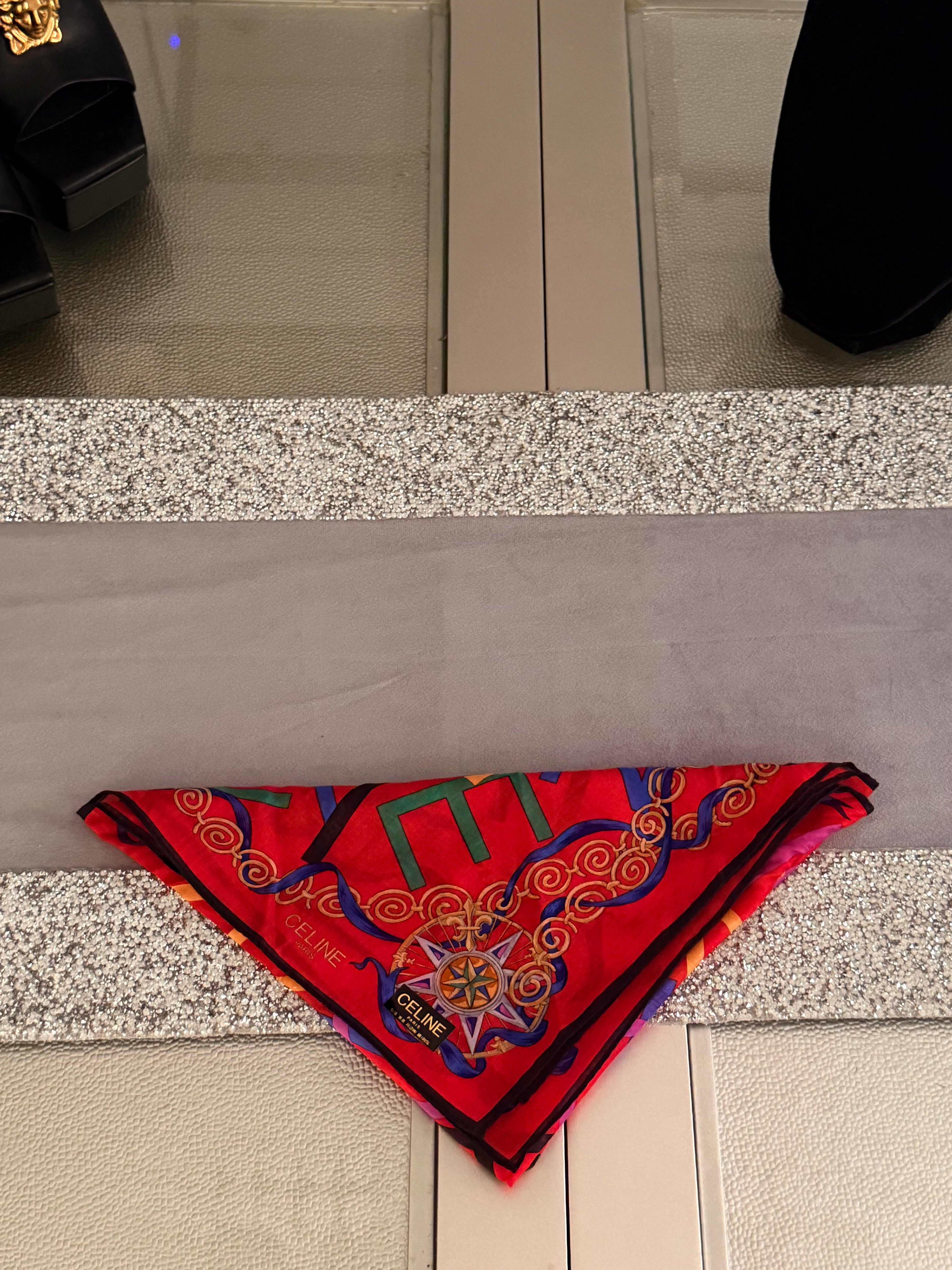 CELINE Vintage Monogram Silk-Cotton Scarf – Red Multicolor Logo Print