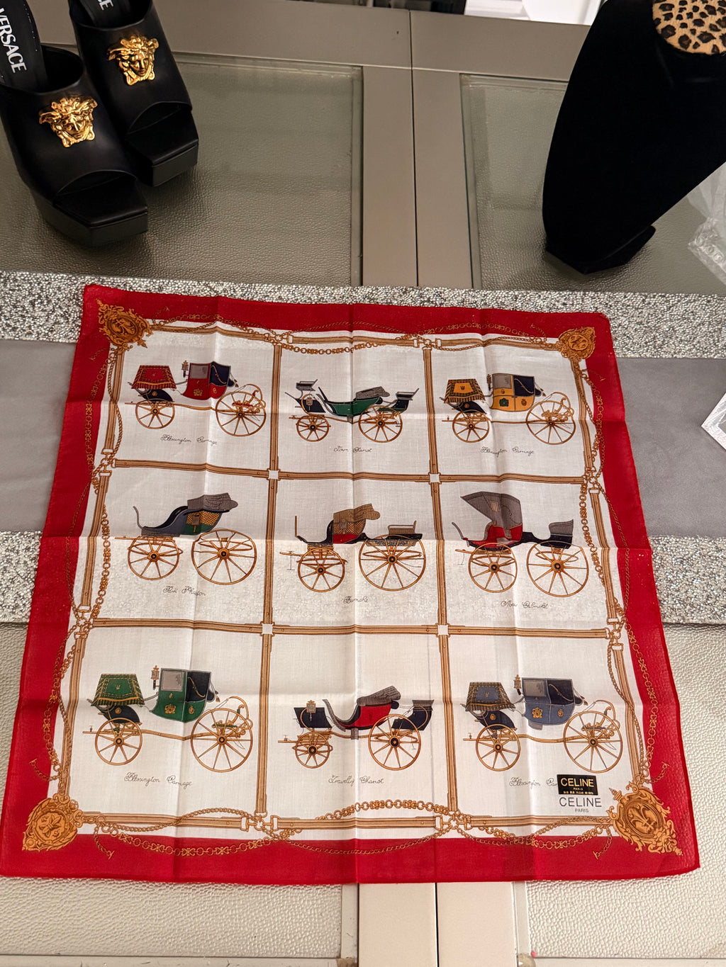 CELINE Vintage Carriage Print Silk-Cotton Scarf – Red & Ivory