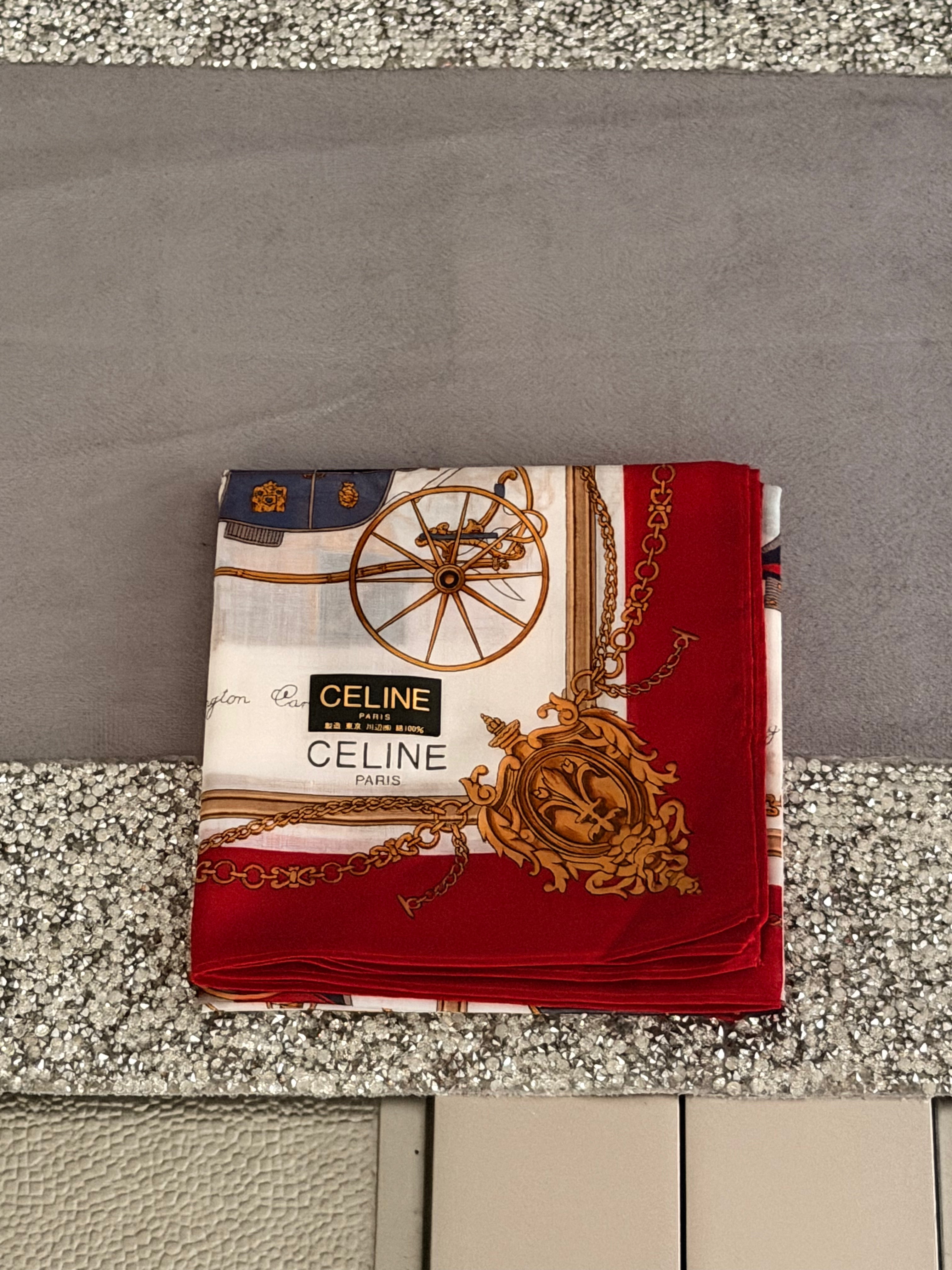 CELINE Vintage Carriage Print Silk-Cotton Scarf – Red & Ivory