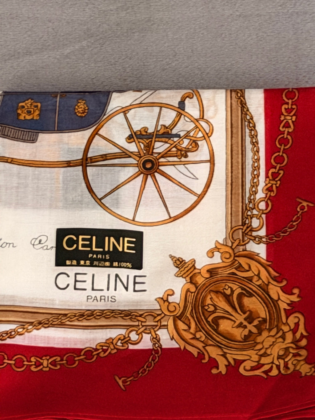 CELINE Vintage Carriage Print Silk-Cotton Scarf – Red & Ivory