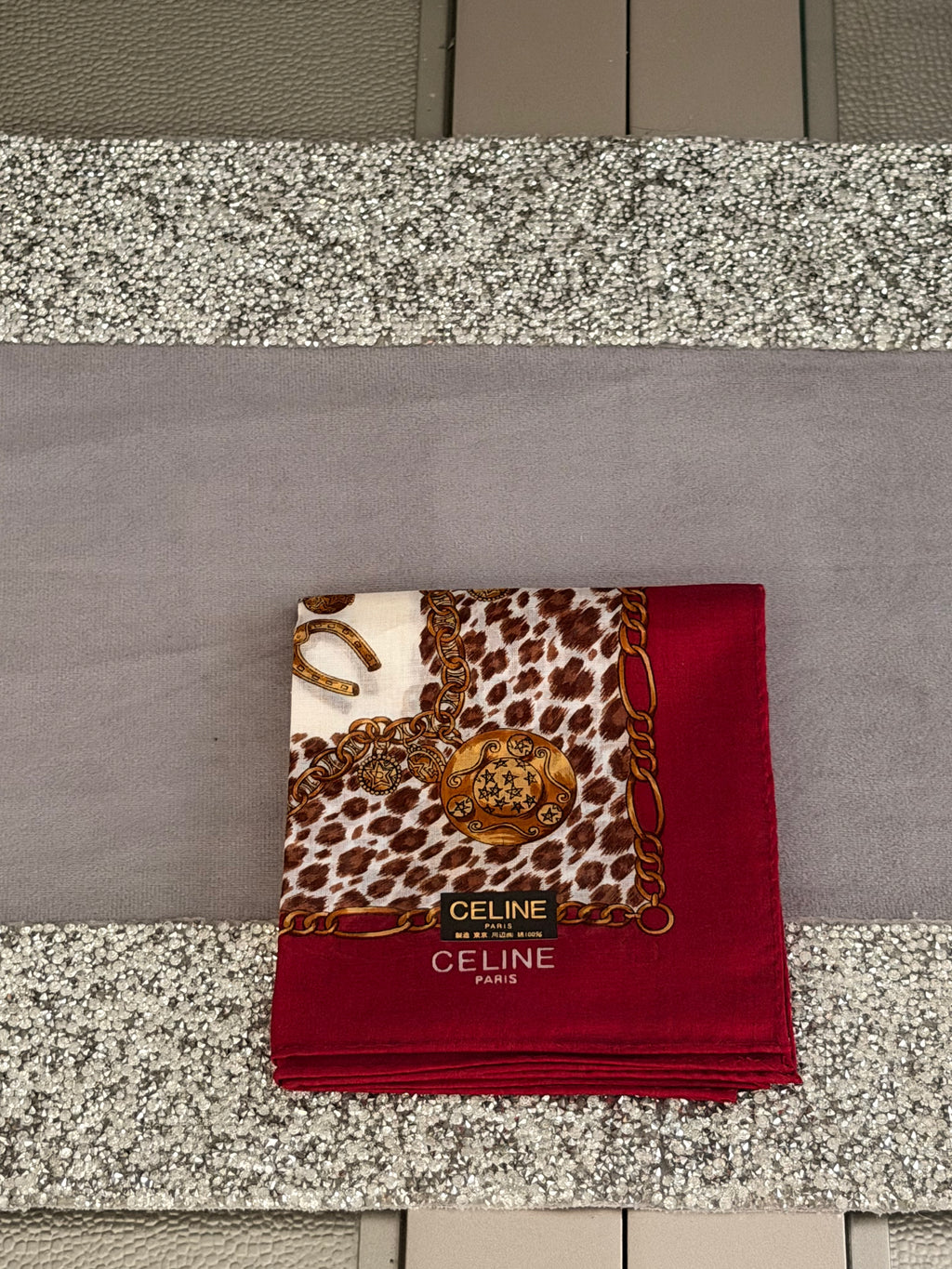 CELINE Leopard Chain Print Silk-Cotton Scarf – Burgundy