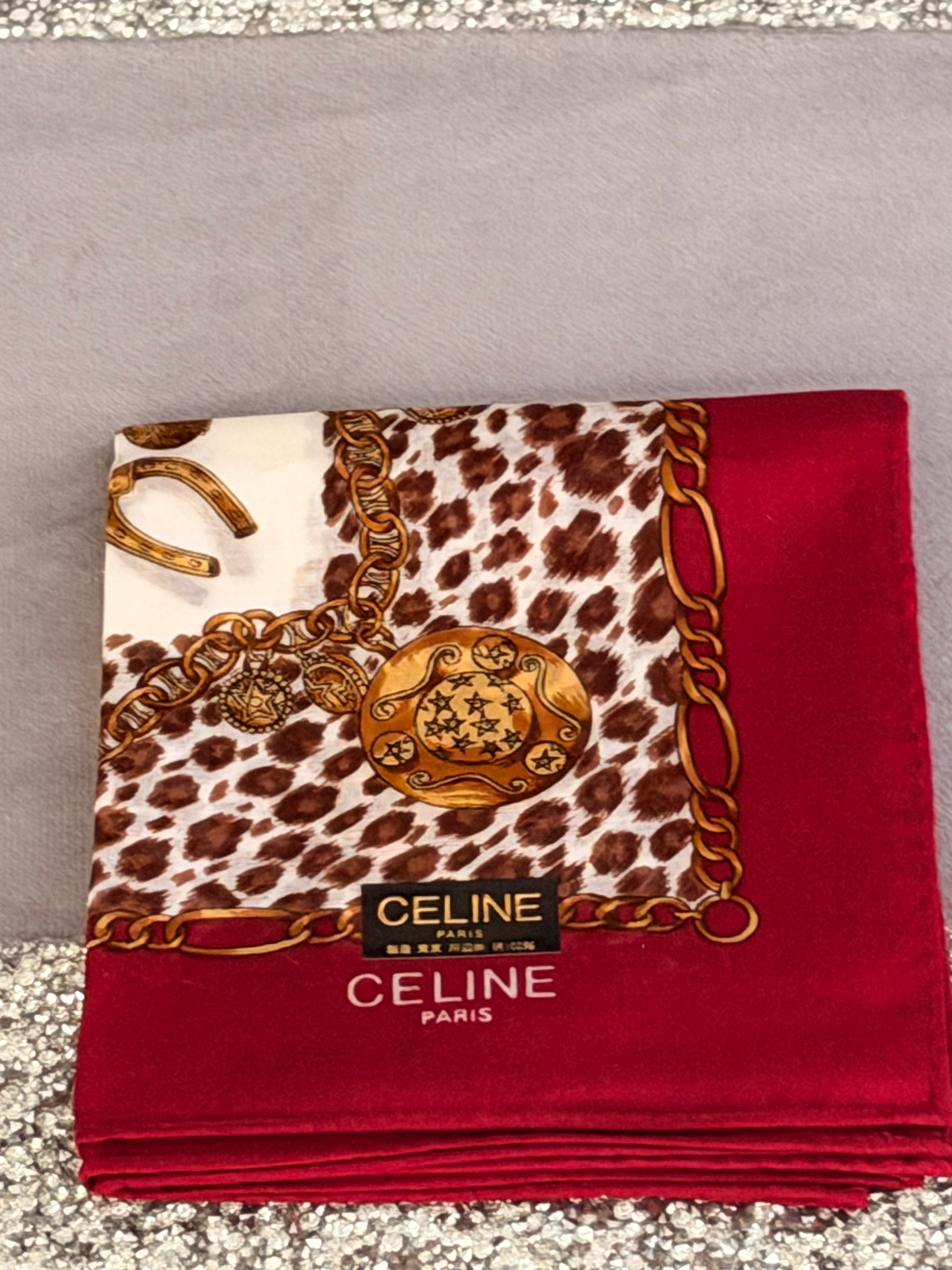 CELINE Leopard Chain Print Silk-Cotton Scarf – Burgundy