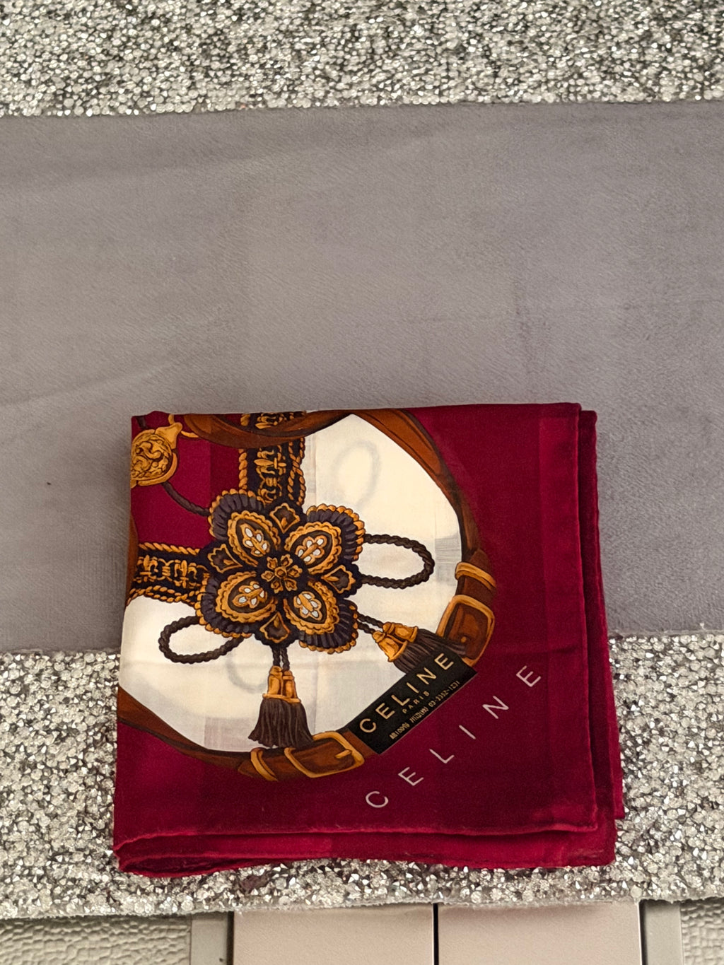 CELINE Burgundy Equestrian Print Silk-Cotton Scarf / Handkerchief