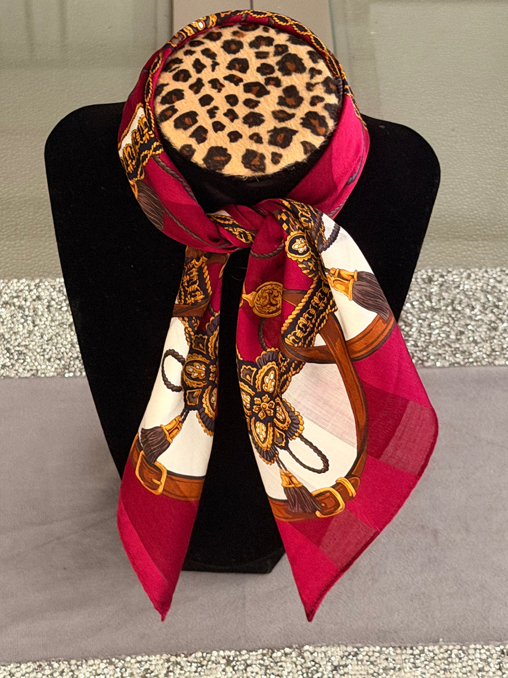 CELINE Burgundy Equestrian Print Silk-Cotton Scarf / Handkerchief