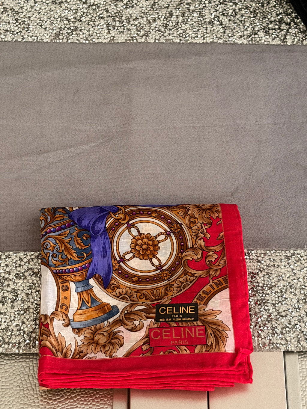 CELINE Paris Baroque Floral Silk-Cotton Scarf – Red, Blue & Gold