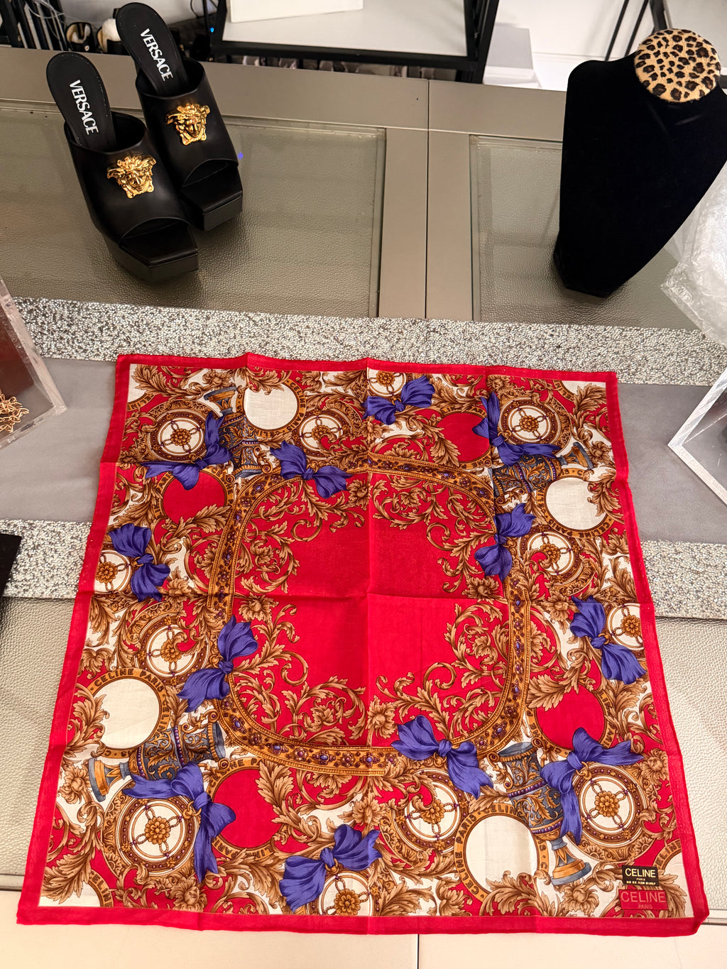 CELINE Paris Baroque Floral Silk-Cotton Scarf – Red, Blue & Gold