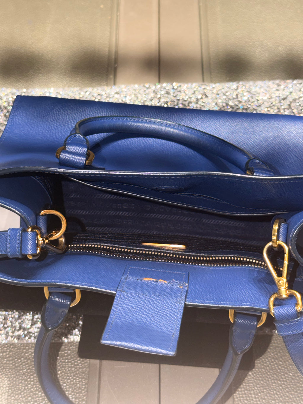 Prada Saffiano Lux Tote Bag 1BA118 Bluette Blue with Shoulder Strap