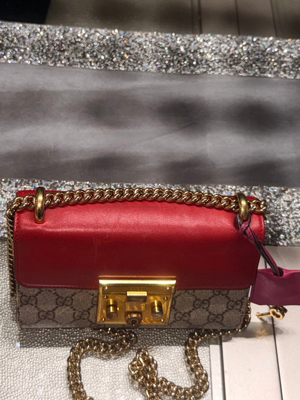 Gucci Padlock Small GG Supreme Canvas & Red Leather Chain Crossbody Bag
