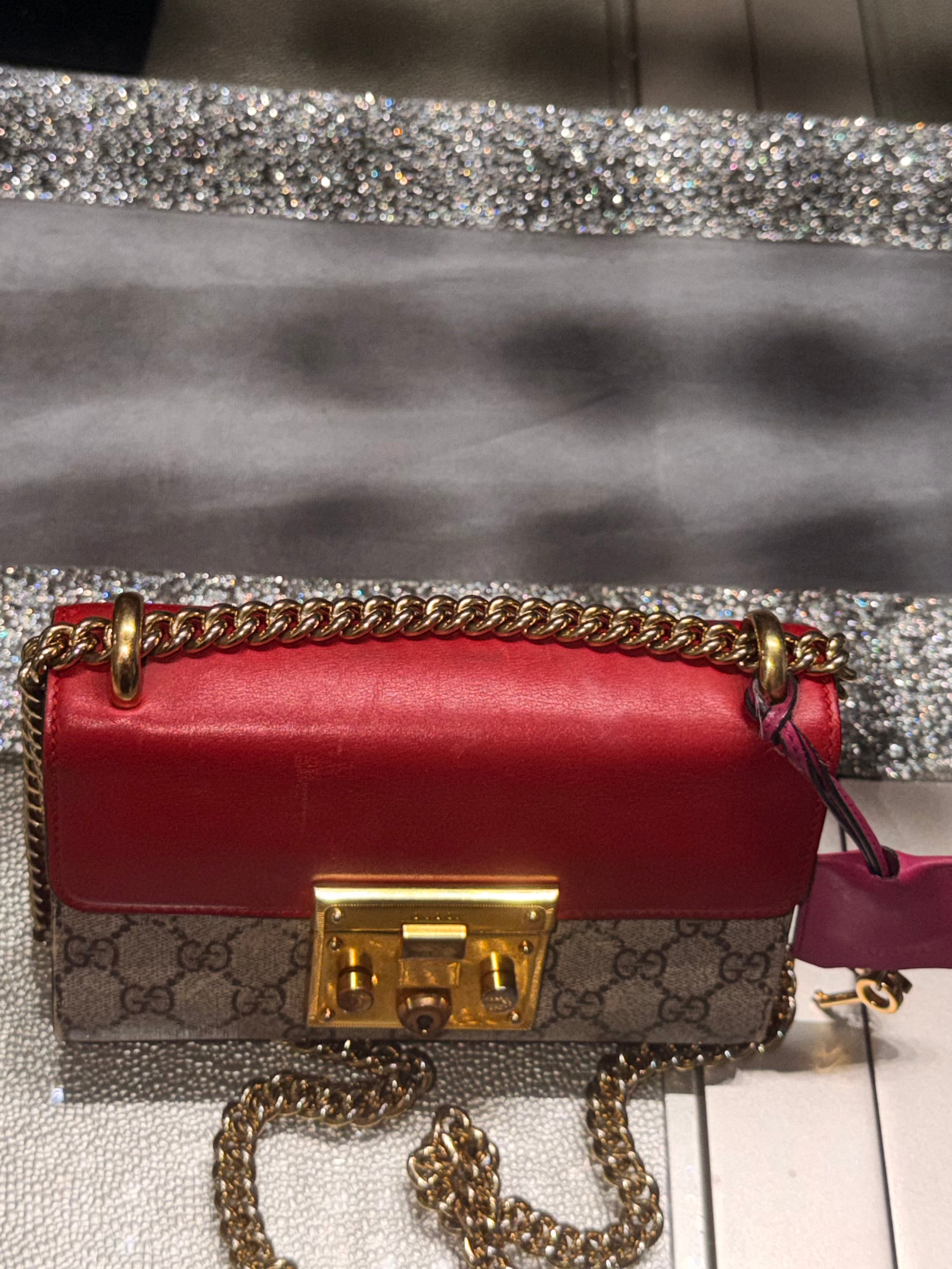 Gucci Padlock Small GG Supreme Canvas & Red Leather Chain Crossbody Bag
