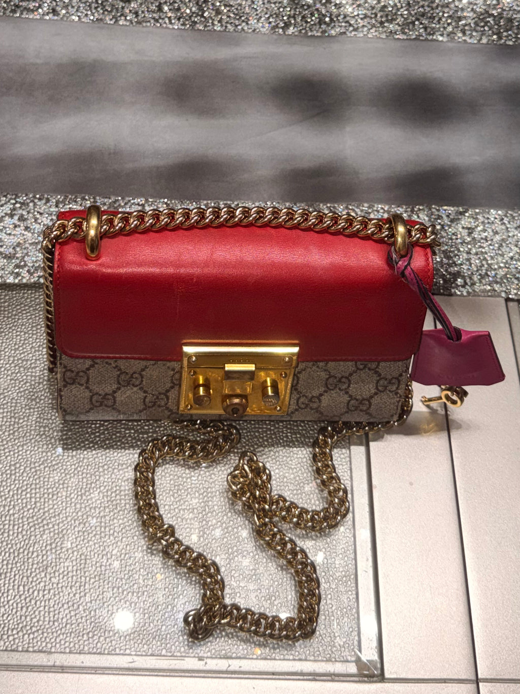 Gucci Padlock Small GG Supreme Canvas & Red Leather Chain Crossbody Bag