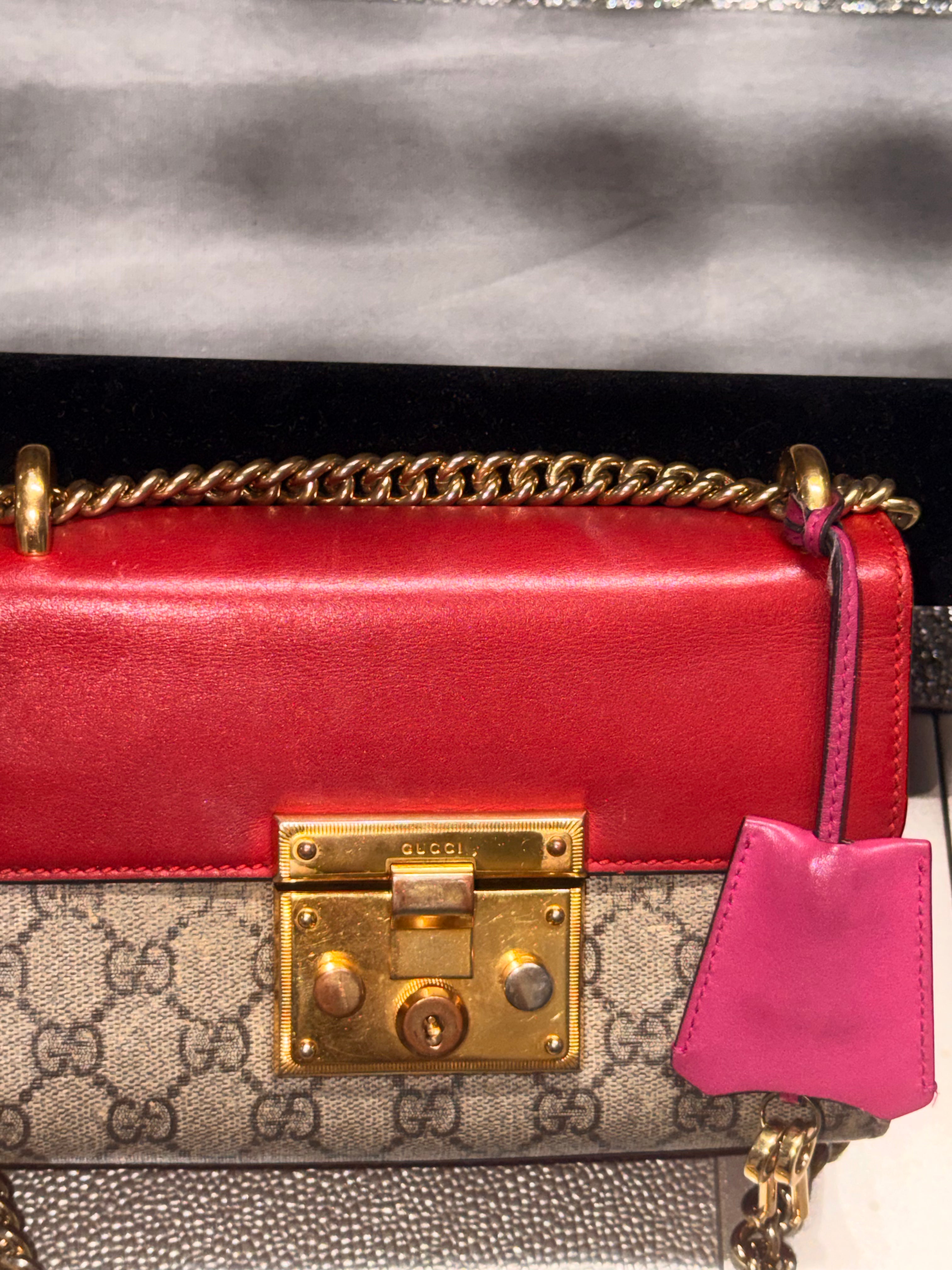 Gucci Padlock Small GG Supreme Canvas & Red Leather Chain Crossbody Bag