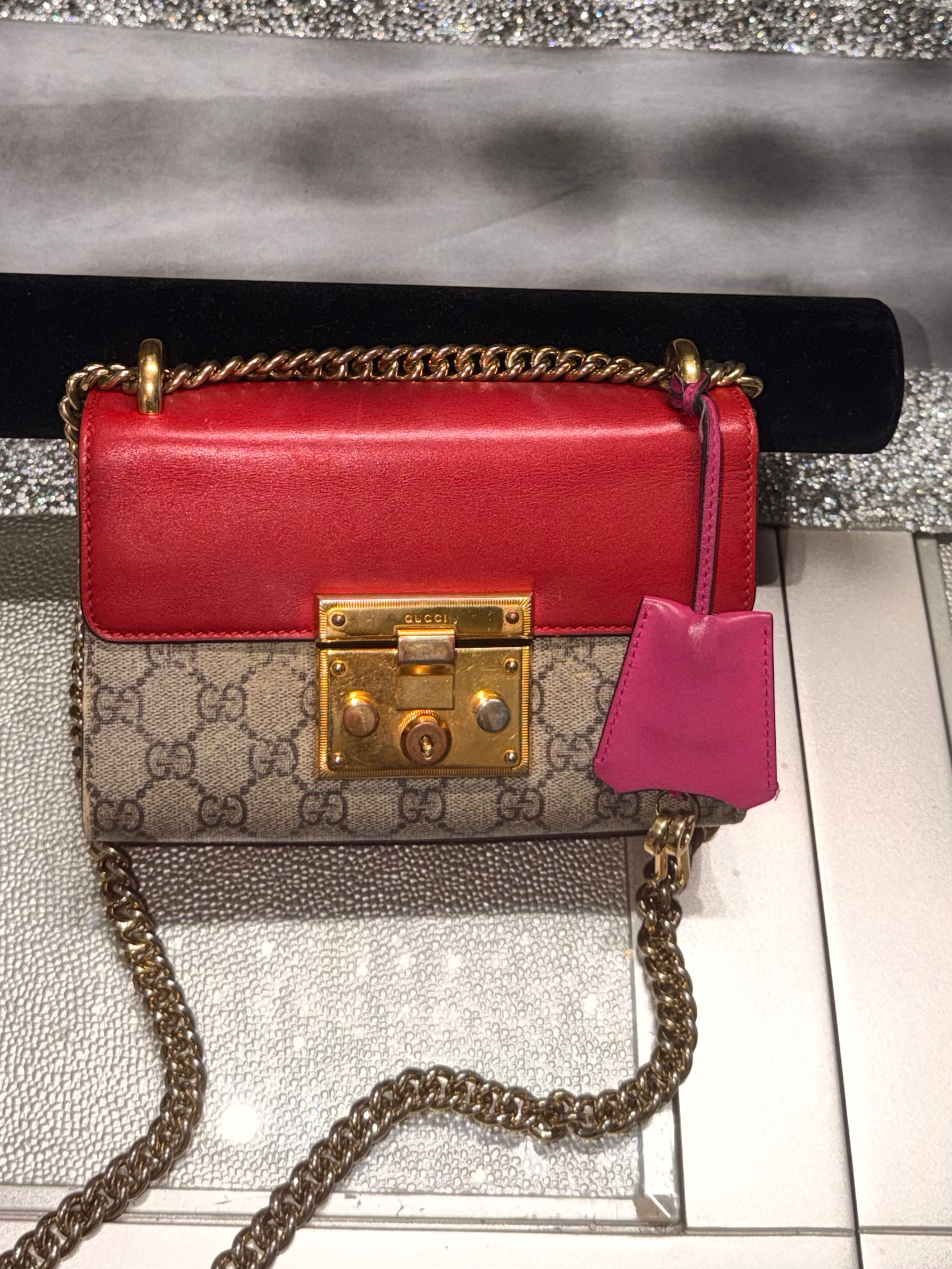 Gucci Padlock Small GG Supreme Canvas & Red Leather Chain Crossbody Bag