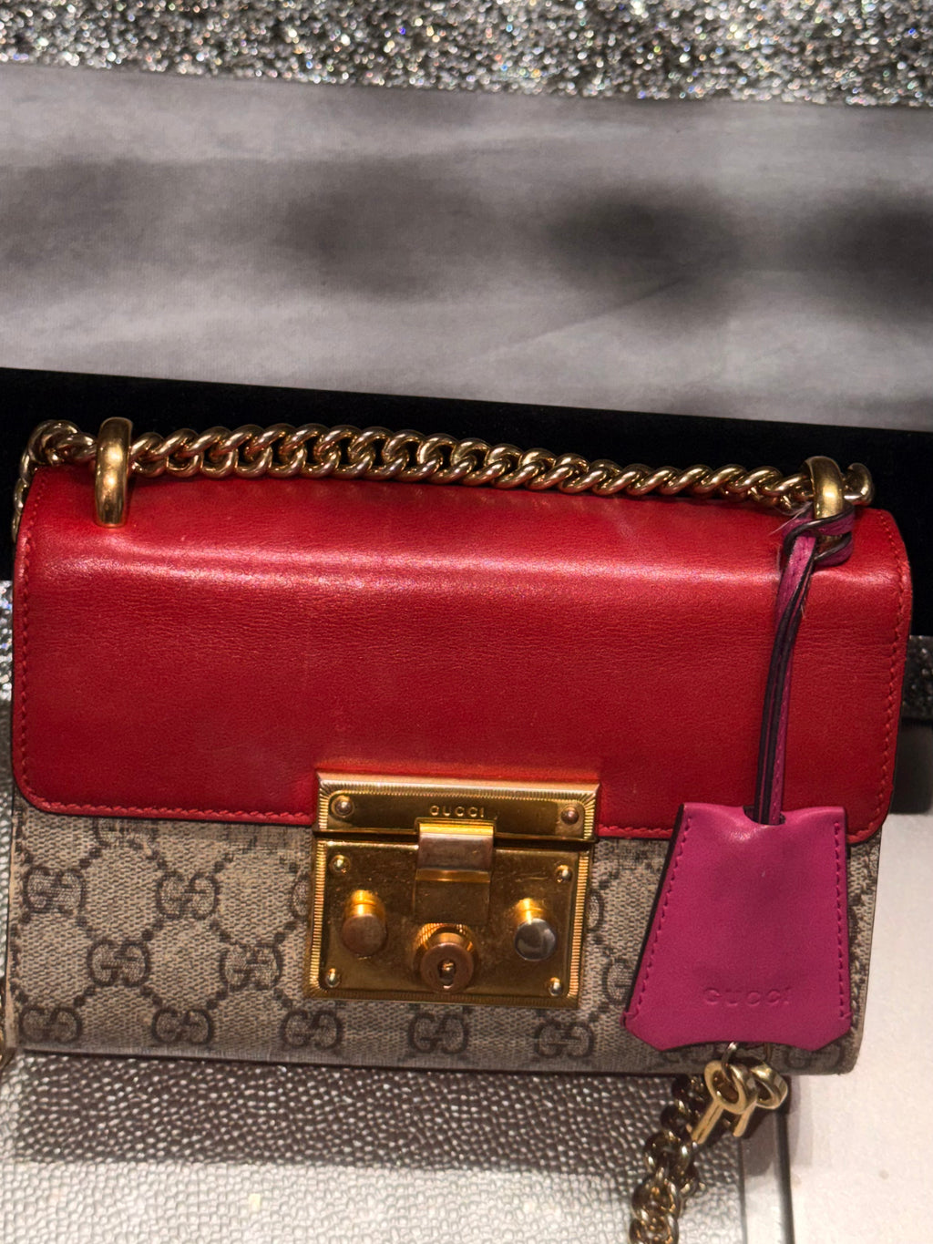 Gucci Padlock Small GG Supreme Canvas & Red Leather Chain Crossbody Bag