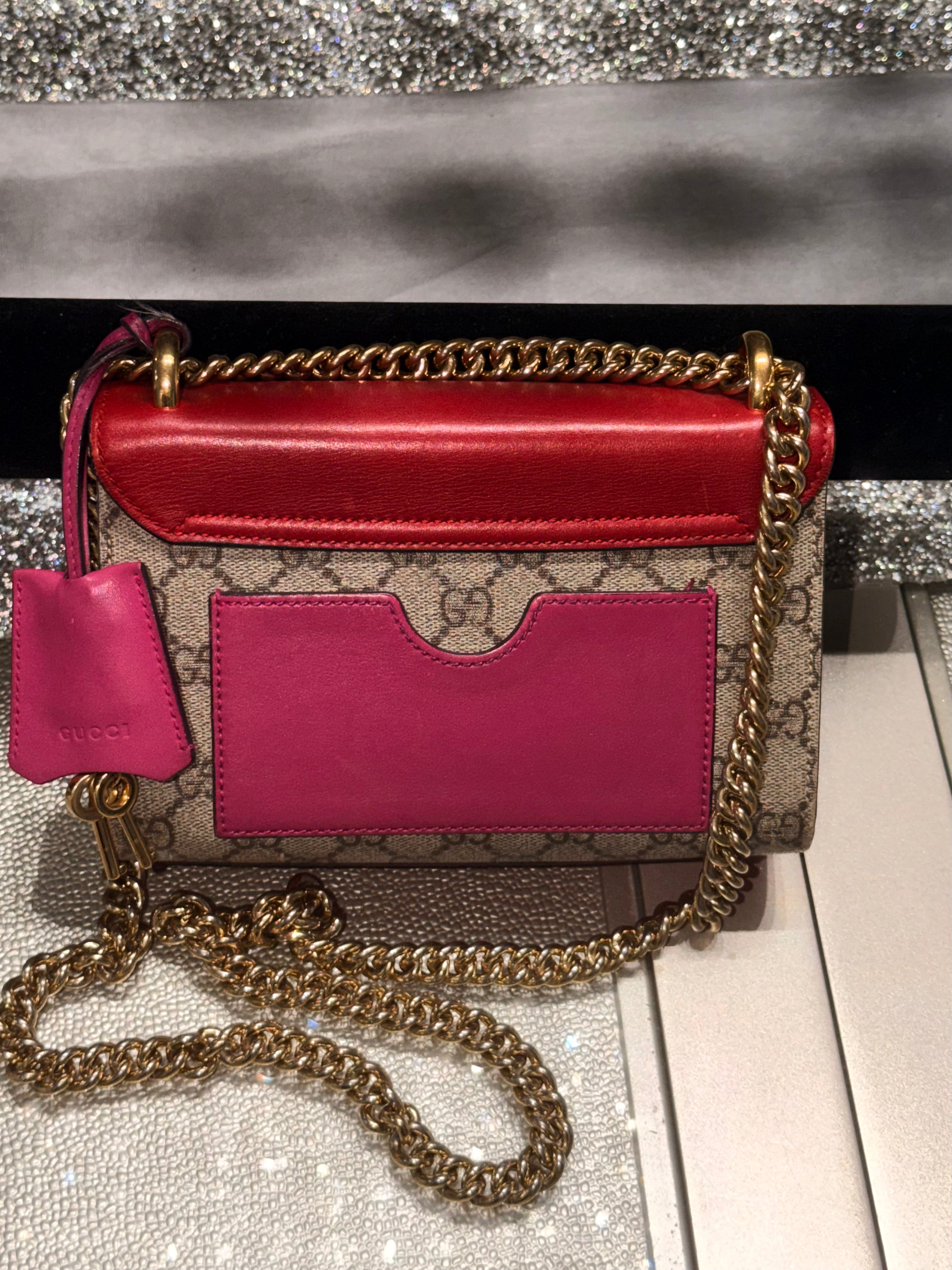 Gucci Padlock Small GG Supreme Canvas & Red Leather Chain Crossbody Bag