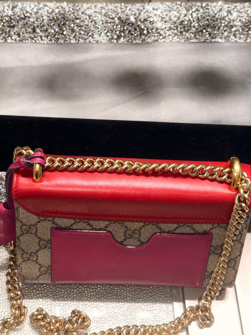 Gucci Padlock Small GG Supreme Canvas & Red Leather Chain Crossbody Bag