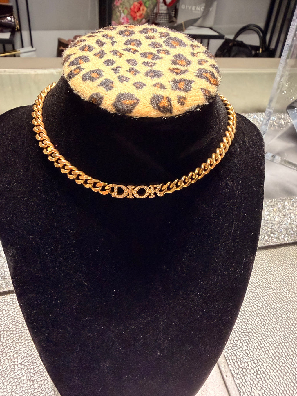 Christian Dior Gold-Tone Crystal DIOR Logo Curb Chain Necklace