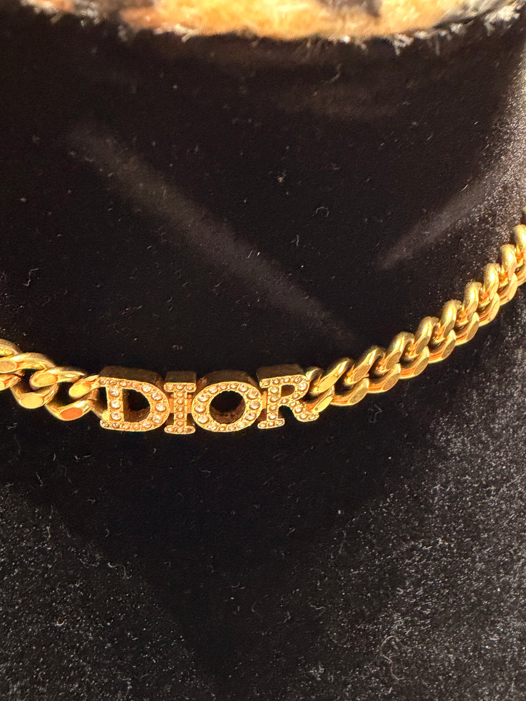 Christian Dior Gold-Tone Crystal DIOR Logo Curb Chain Necklace