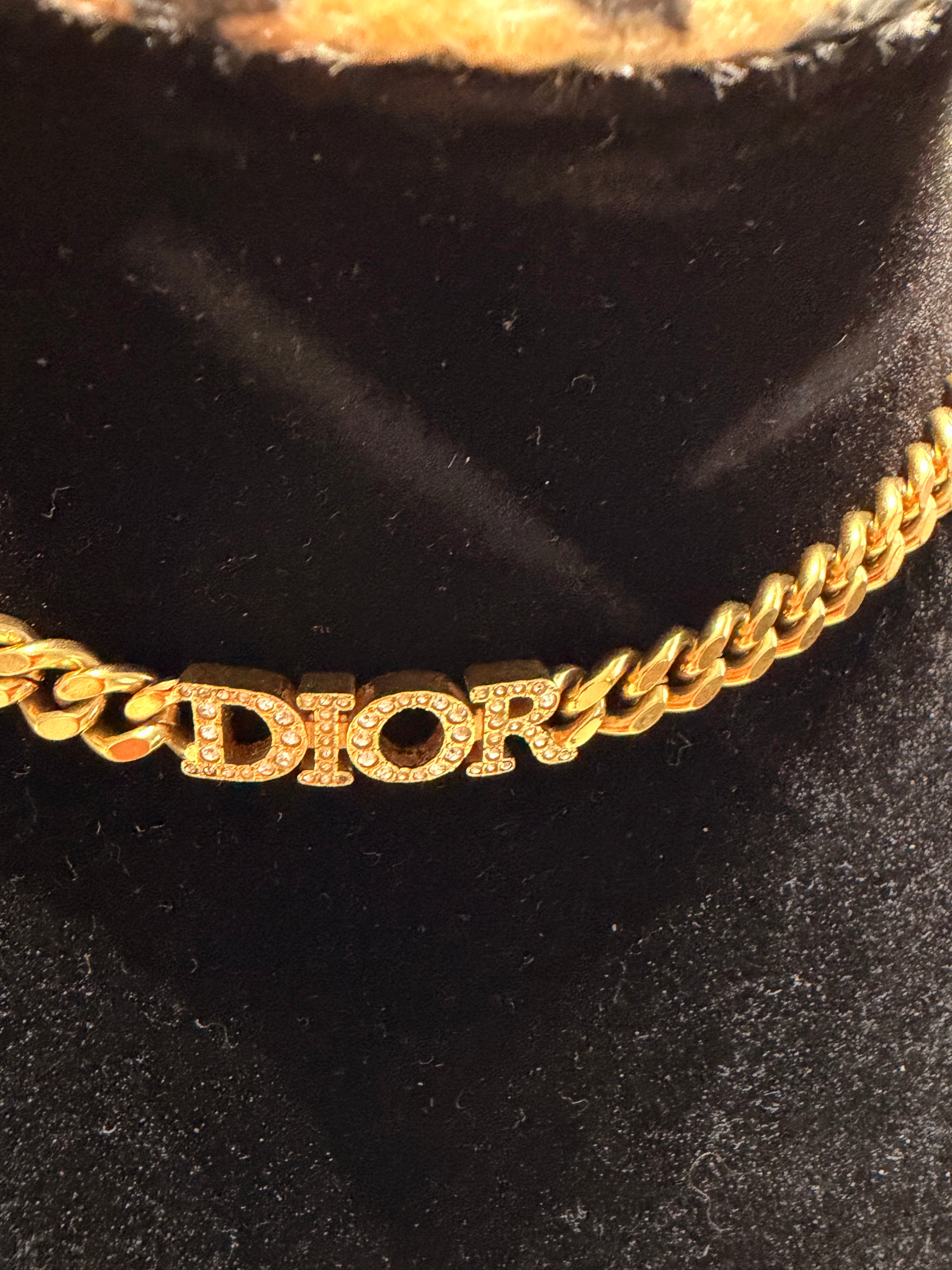 Christian Dior Gold-Tone Crystal DIOR Logo Curb Chain Necklace