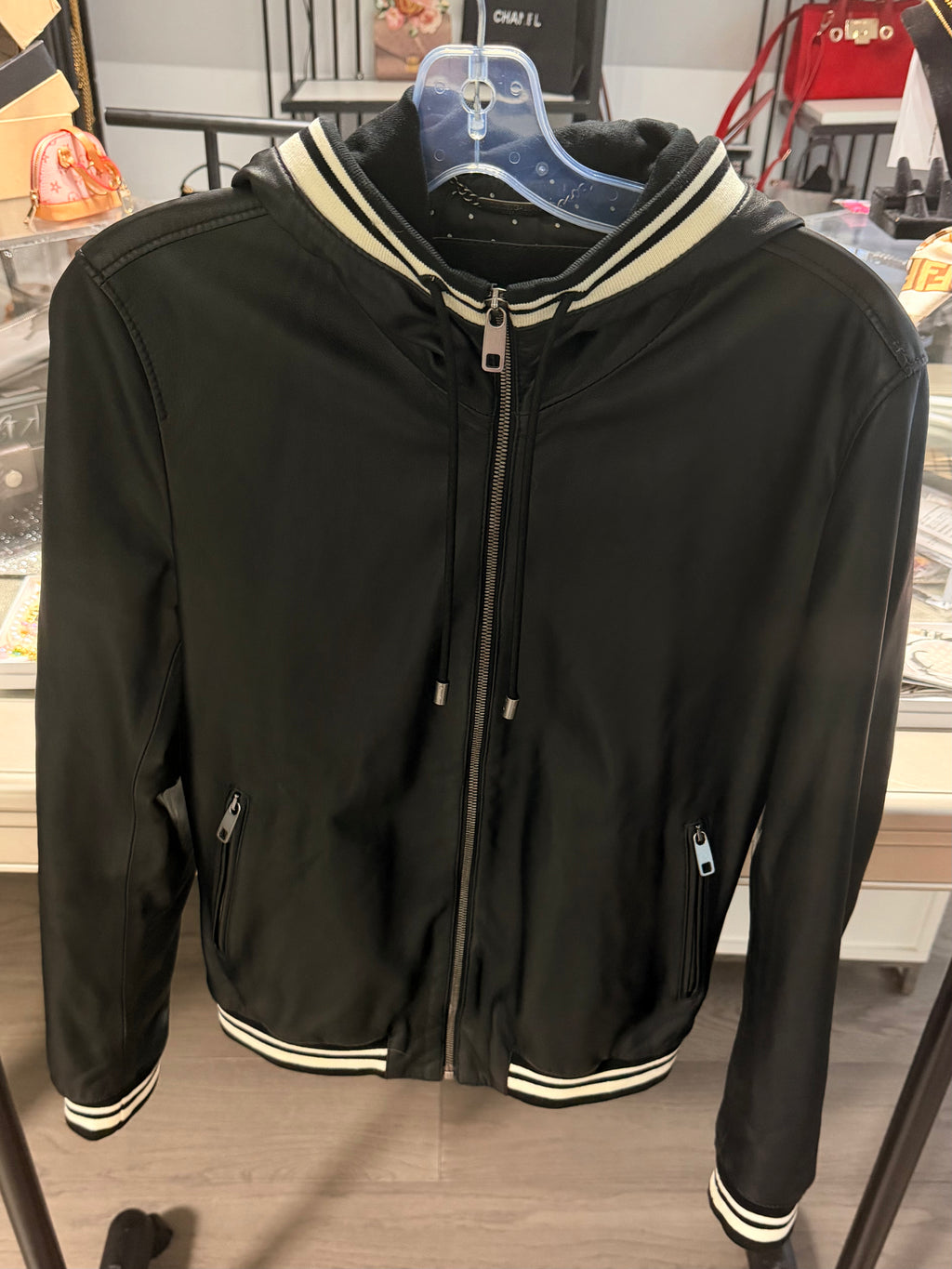 Dolce & Gabbana Black Lambskin Leather Hooded Bomber Jacket Men's IT 44