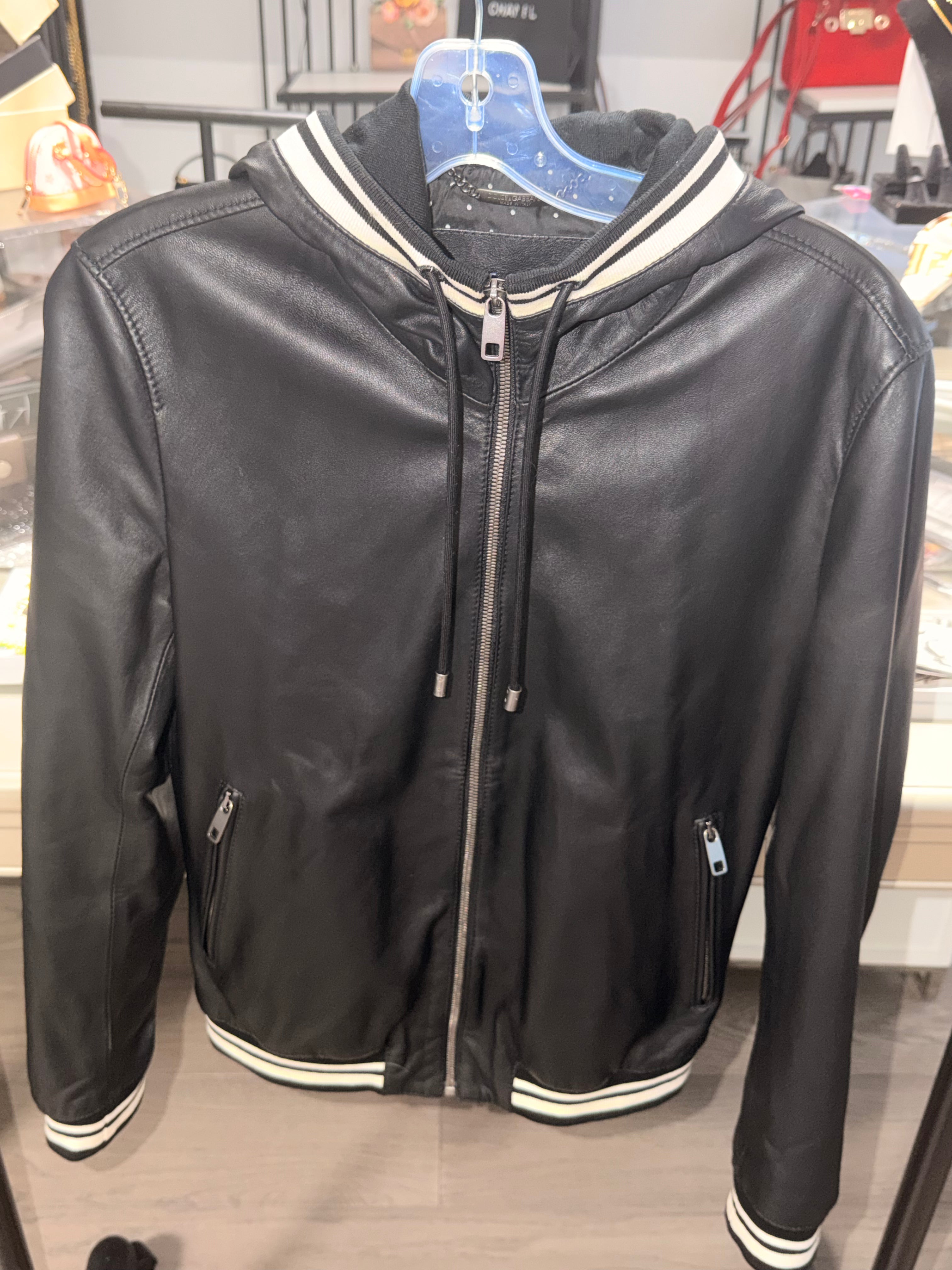 Dolce & Gabbana Black Lambskin Leather Hooded Bomber Jacket Men's IT 44