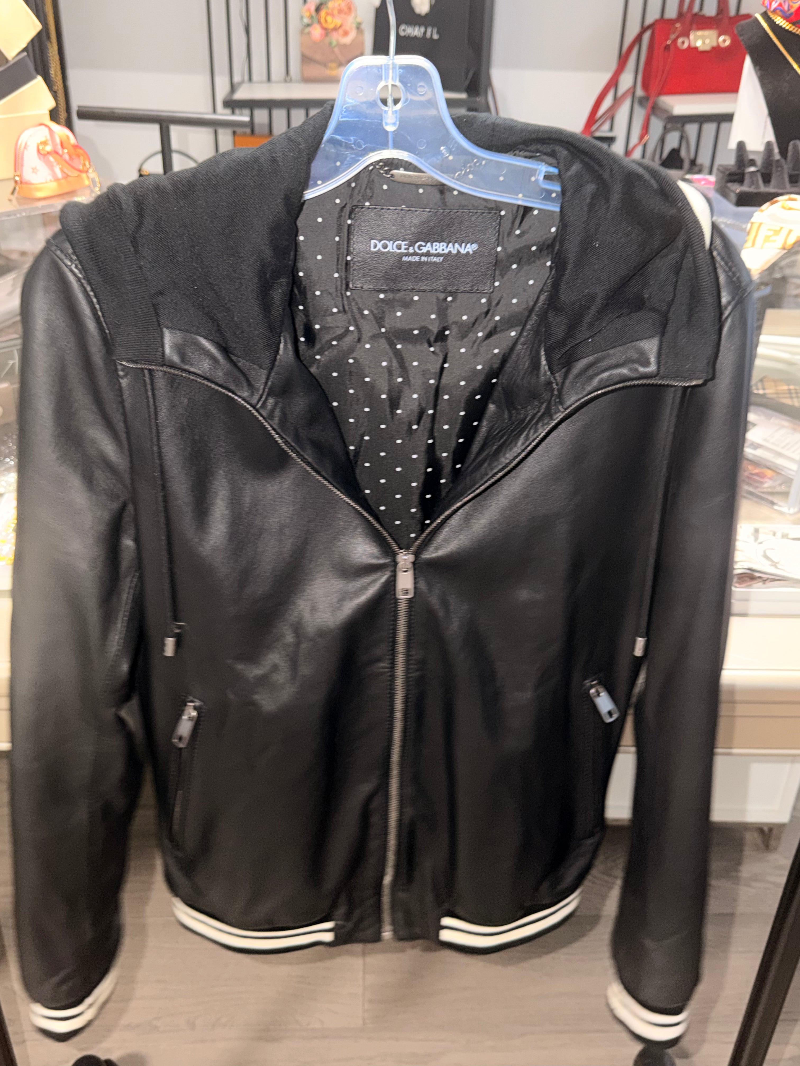 Dolce & Gabbana Black Lambskin Leather Hooded Bomber Jacket Men's IT 44