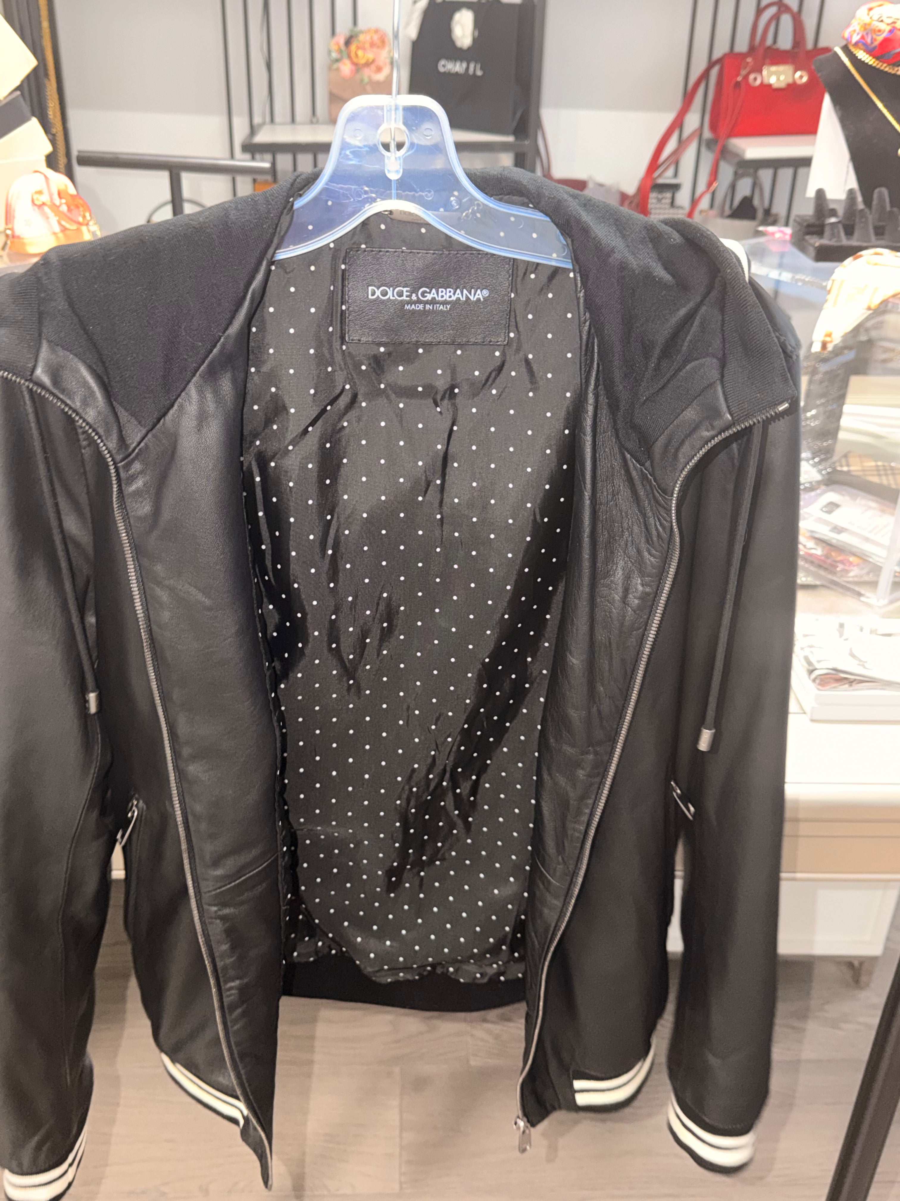 Dolce & Gabbana Black Lambskin Leather Hooded Bomber Jacket Men's IT 44