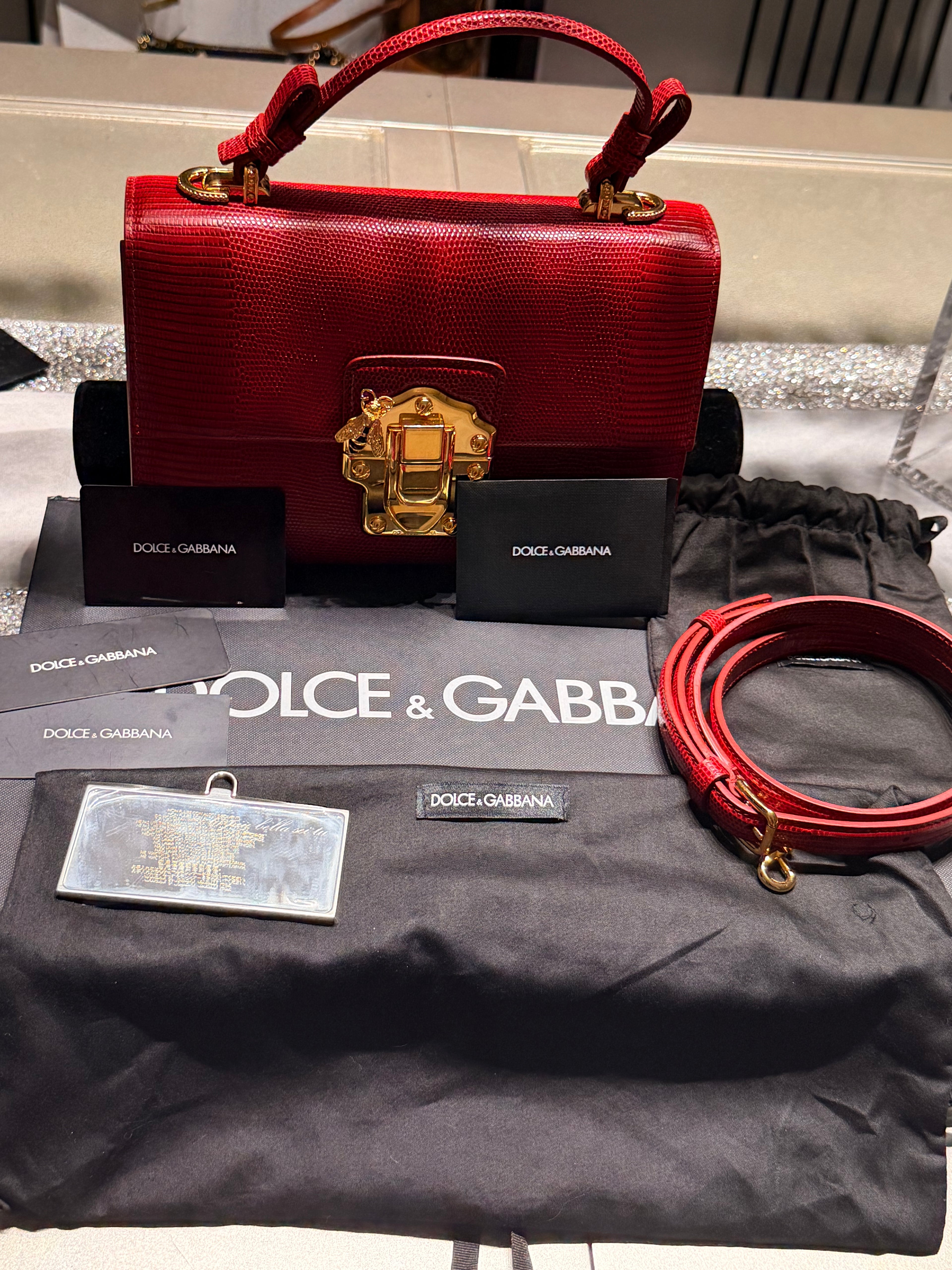 Dolce & Gabbana Red Lucia Lizard-Embossed Leather Top Handle Shoulder Bag