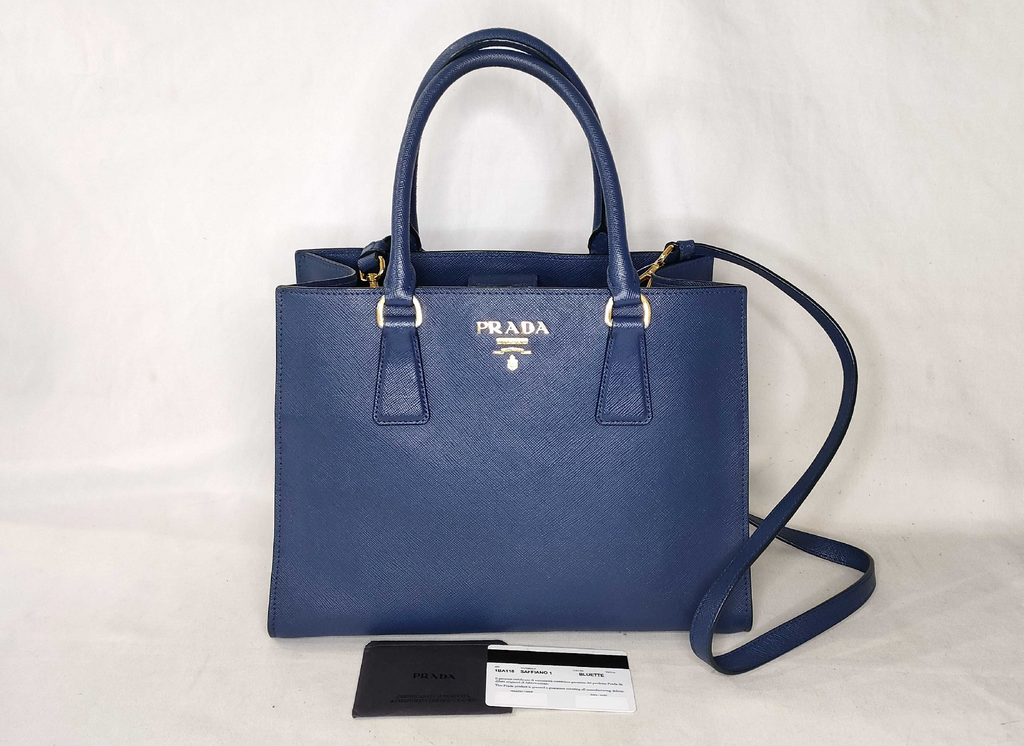 Prada Saffiano Lux Tote Bag 1BA118 Bluette Blue with Shoulder Strap